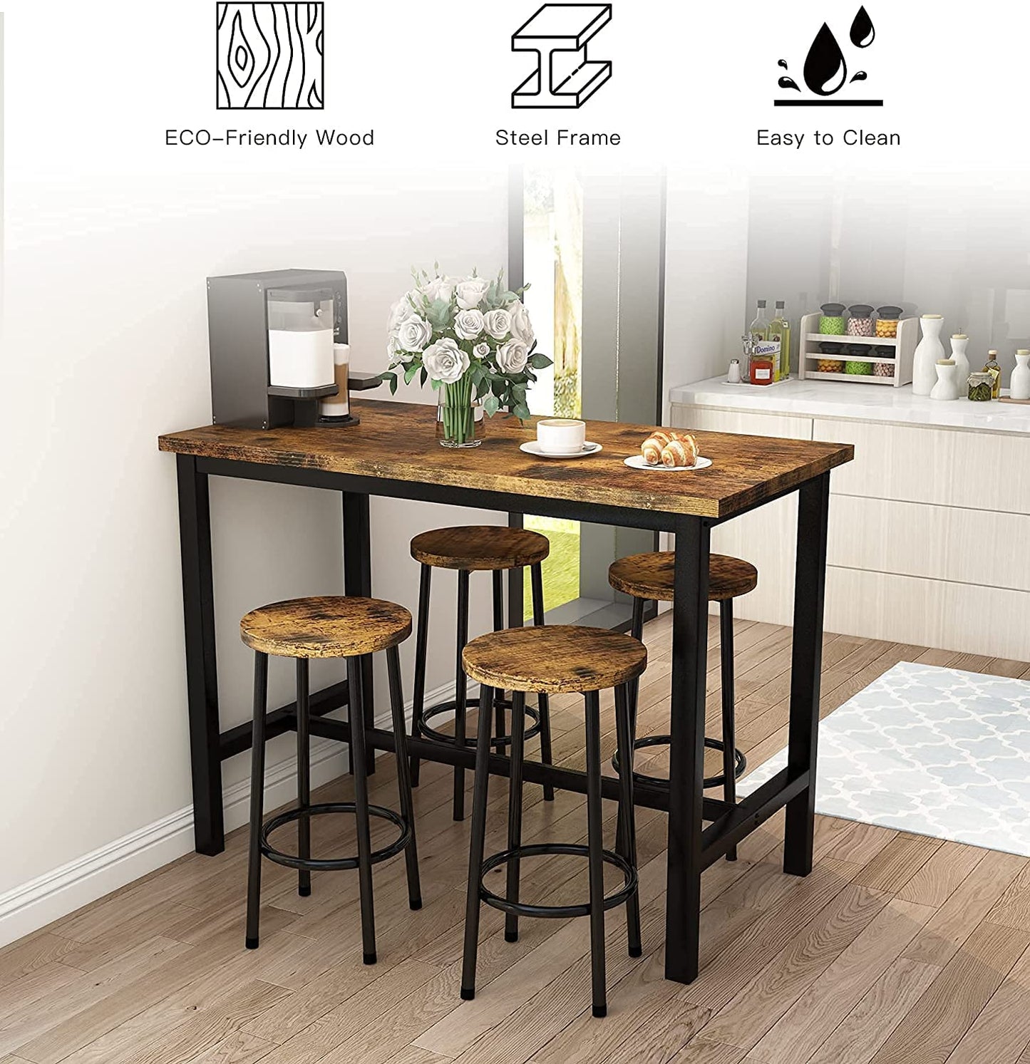 DKLGG Industrial Kitchen Dining Table and Chairs Set of 5 - Perfect for Modern Dining