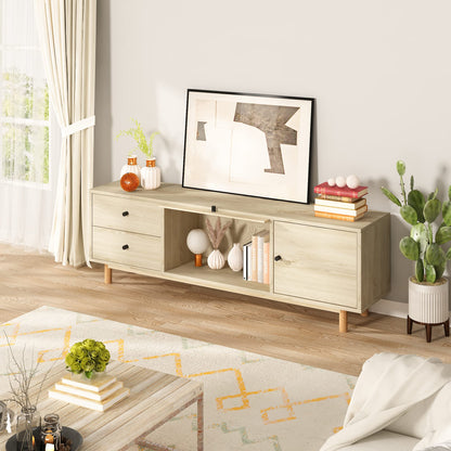 DKLGG Bohemian TV Stand with Rattan Doors - Oak Media Console with Storage and 2 Drawers