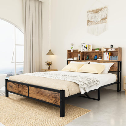 DKLGG Modern Queen Size Bed Frame - Walnut Finish with Functional Storage Headboard and Charging Station