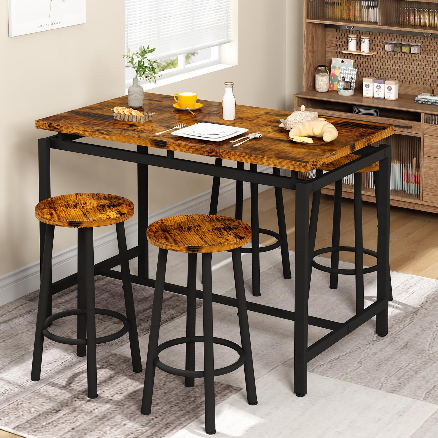 DKLGG 4-Person Wooden Barstool Dining Table and Chair Set of 5, Rustic Brown - Classic Elegance