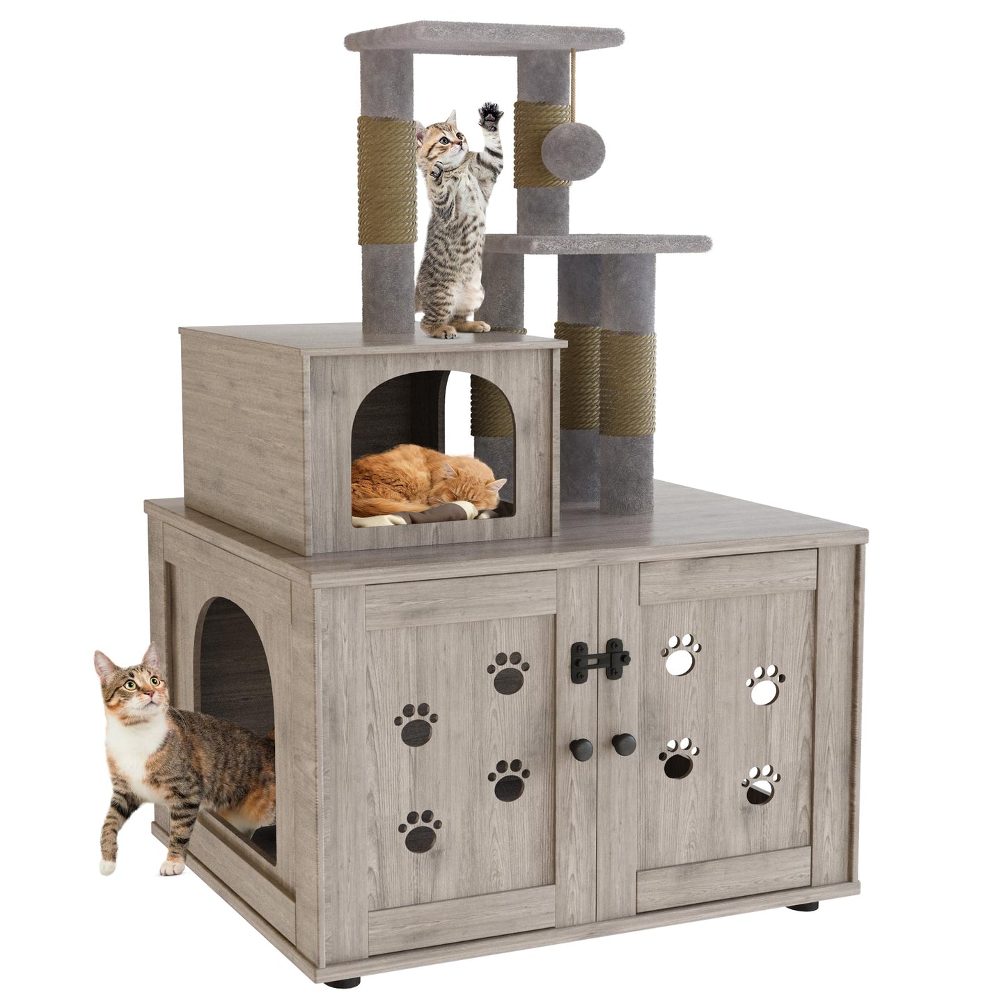 DKLGG Soft Perch Large Wooden Cat House with Litter Pan - Cozy Retreat for Your Feline Friend