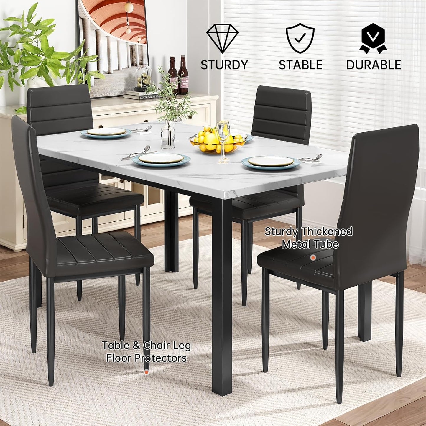 DKLGG4 Faux Marble Dining Table Set of 4, (White and Black)