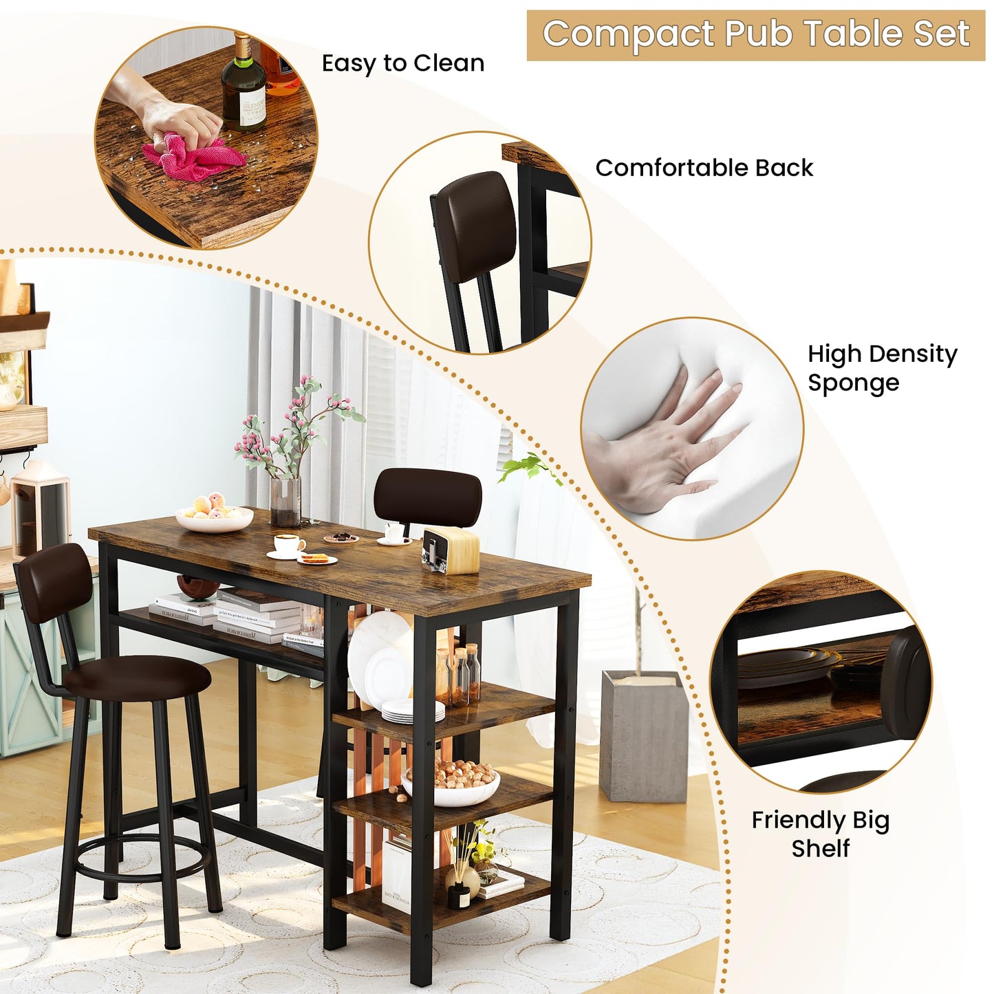 DKLGG High Top Dining Set - Bar Table with Upholstered Stools and Practical Storage Shelves for Easy Living