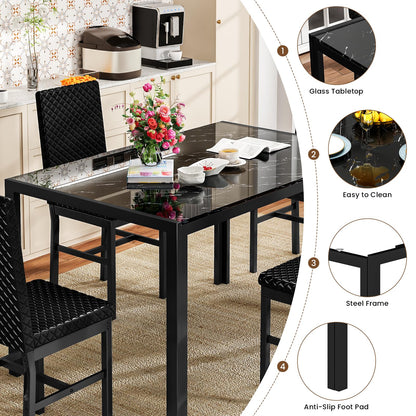 DKLGG 5-Piece Glass Kitchen Table Set, 4 PU Leather Chairs, Black - Modern and Stylish