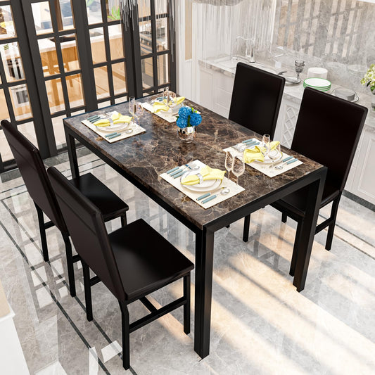 DKLGG 5-Piece Faux Marble Dining Table Set for 4, Space-Saving Design