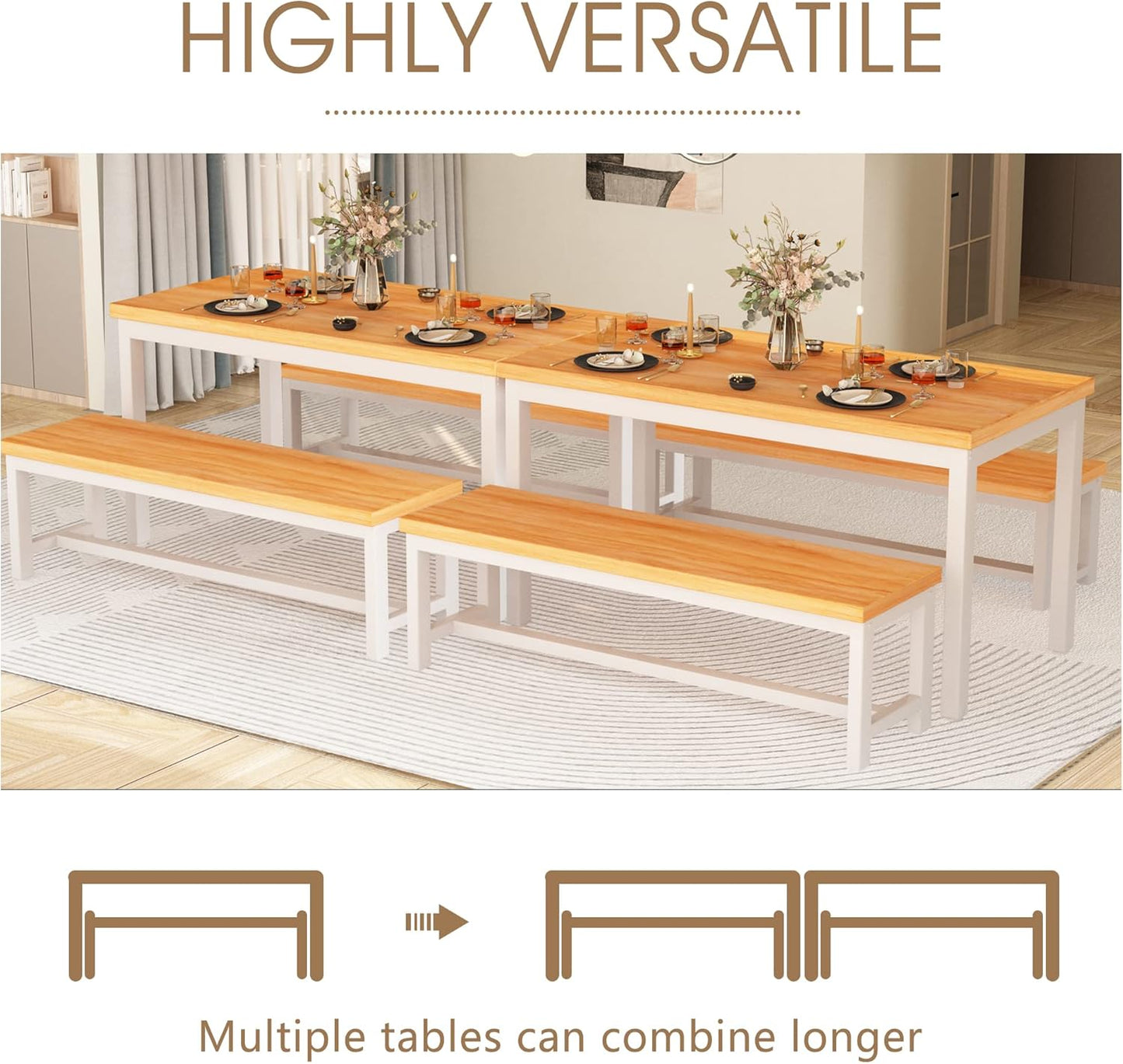 DKLGG Elegant Beige Dining Set - Spacious Kitchen Table with Two Benches for Cozy Family Dining