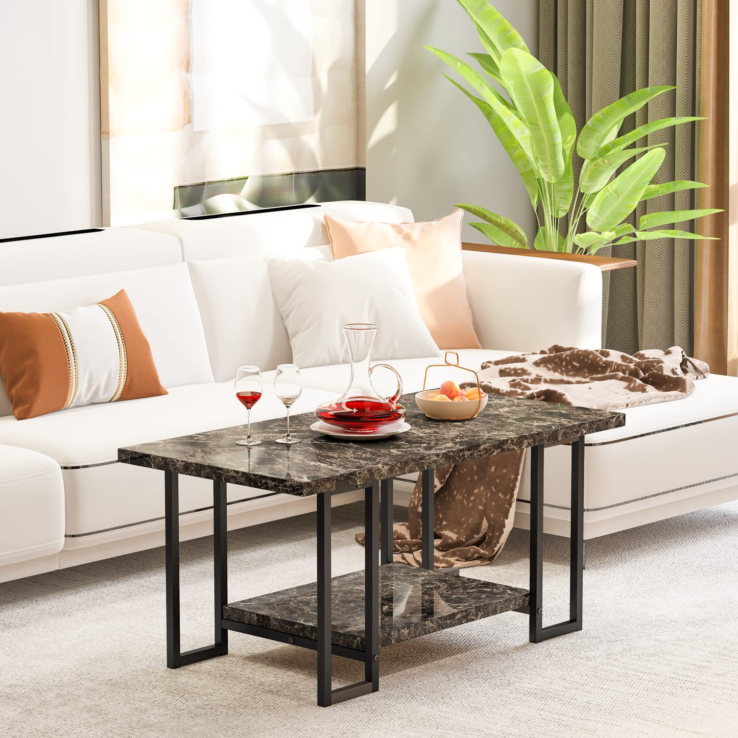 DKLGG Coffee Table - Black Base with Rectangular Marble Top for Modern Elegance