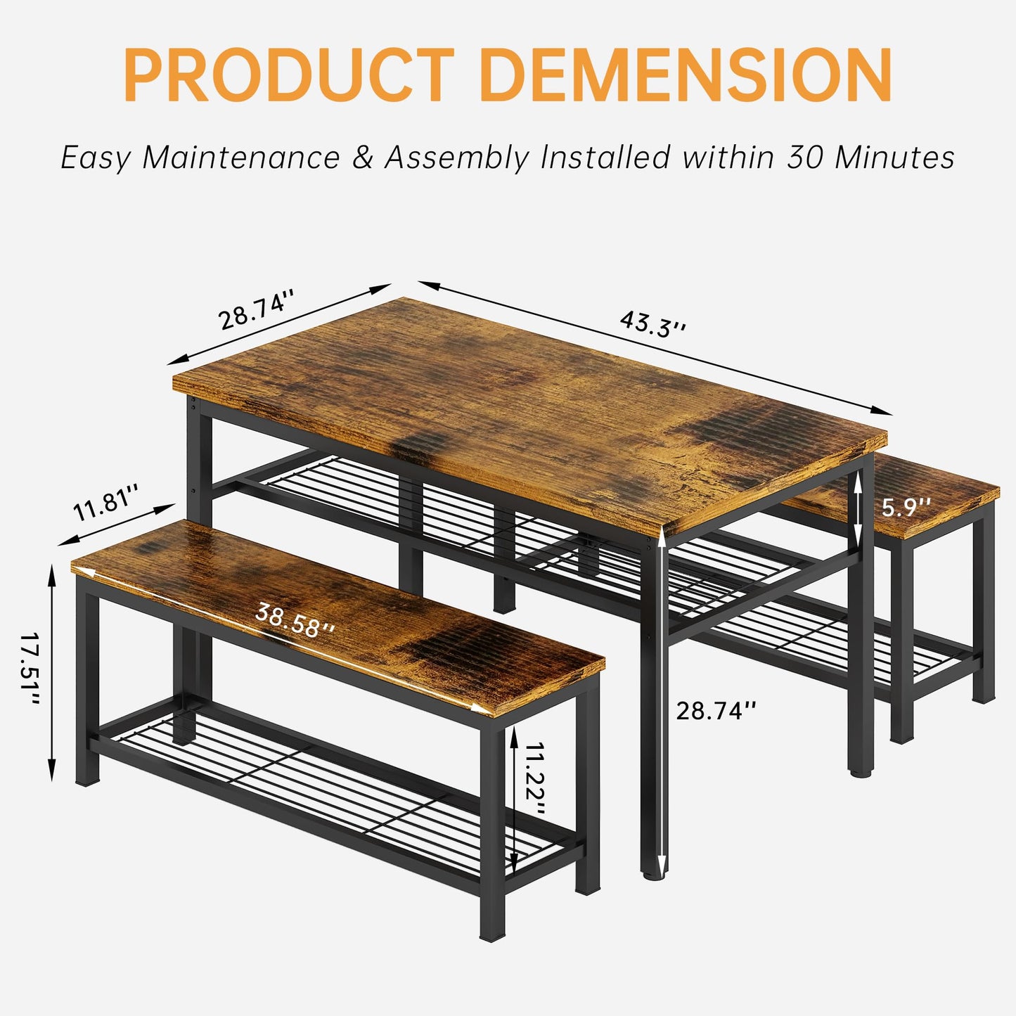 DKLGG Rustic 3-Piece Dining Table Set for 4 - Stylish Storage Solution for Family Meals