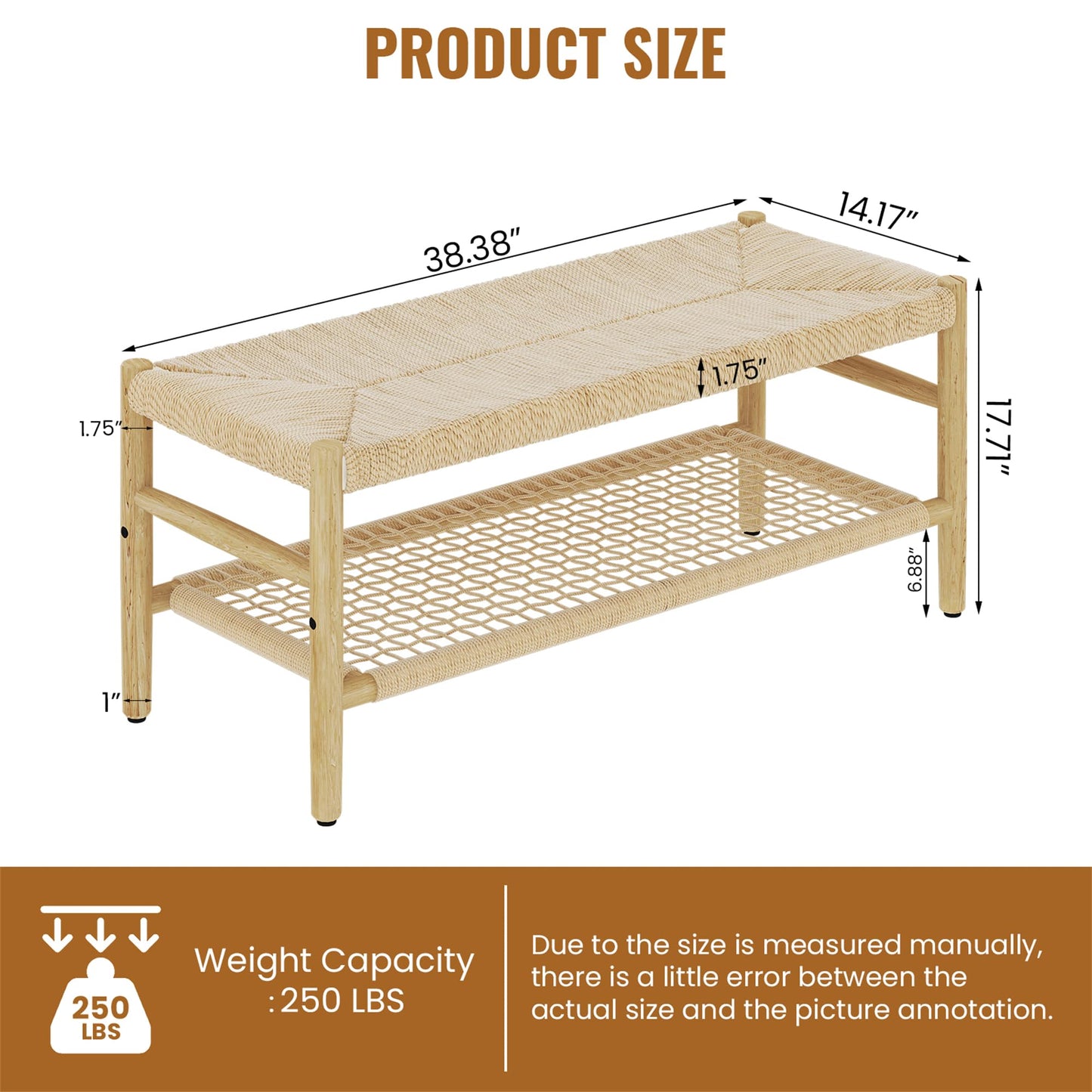 DKLGG Functional Indoor Entryway Bench - Paper Cord Seat and Grid Shelf for Stylish Organization