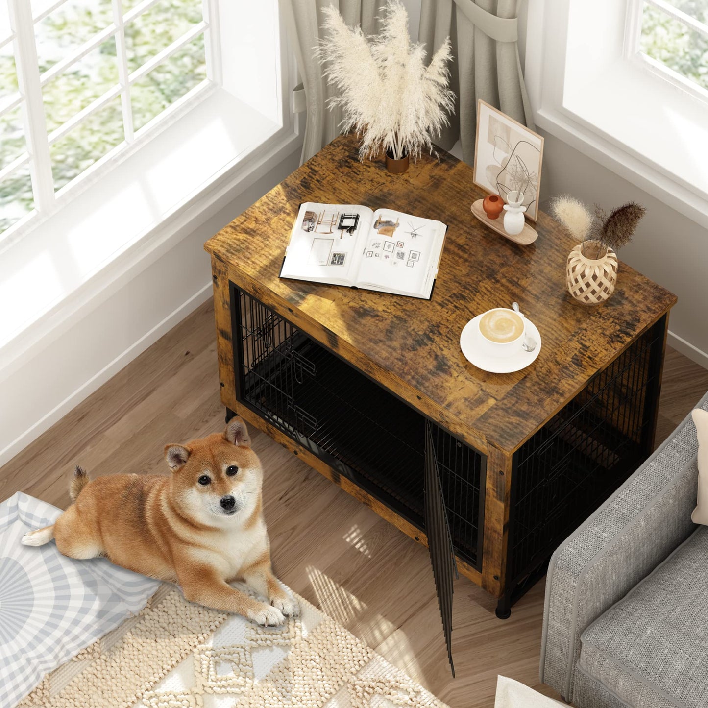 DKLGG Wooden Dog Crate End Table with Removable Tray – Pet-Friendly Furniture in Brown