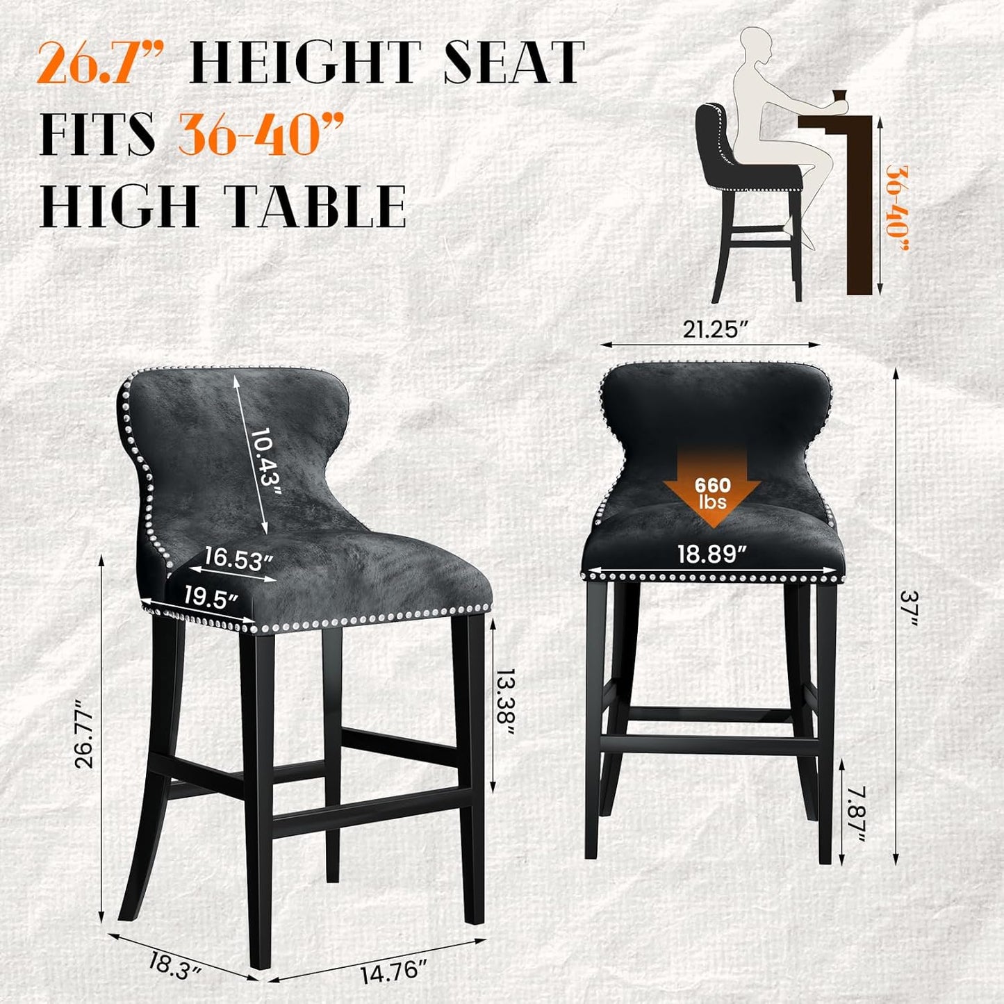 DKLGG 26” High Velvet Barstool Set - 2-Piece with Backrest for Ultimate Comfort