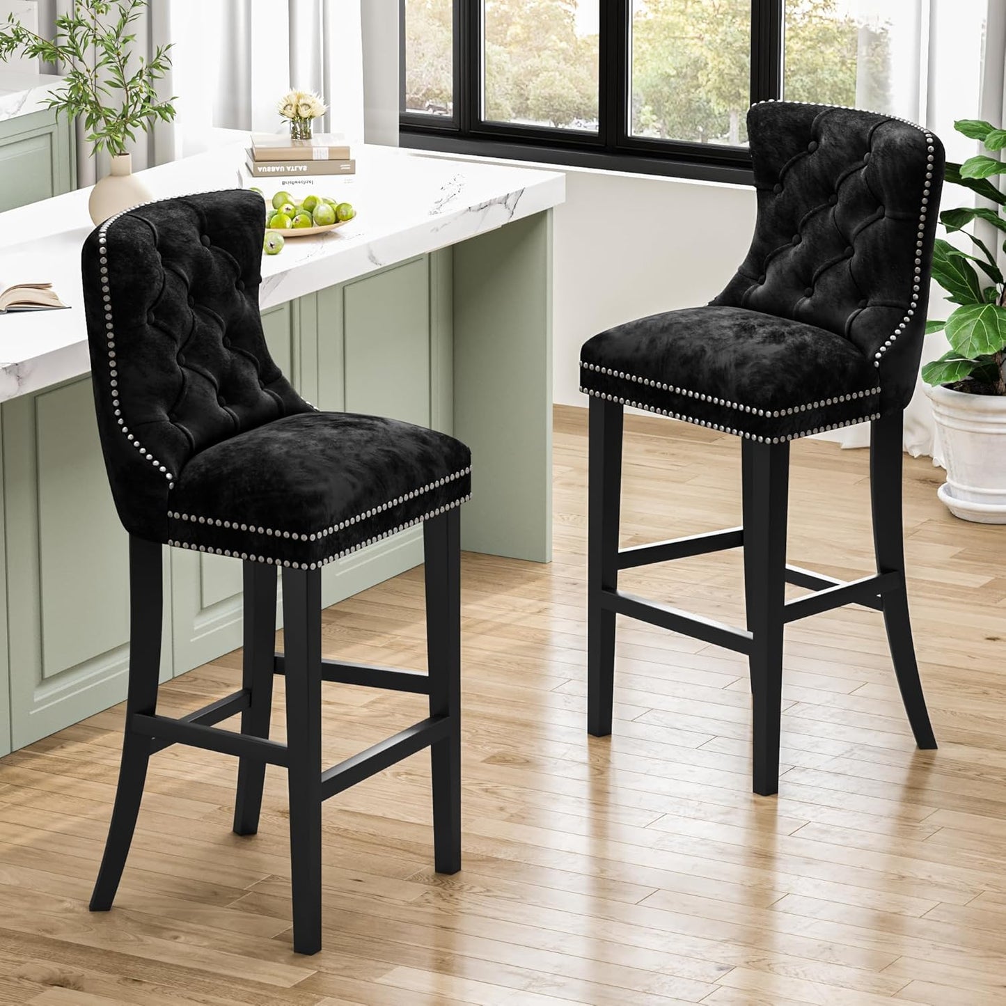 DKLGG Stylish Black 27-Inch Velvet Bar Stool Set of 4 – Perfect for Kitchen Islands