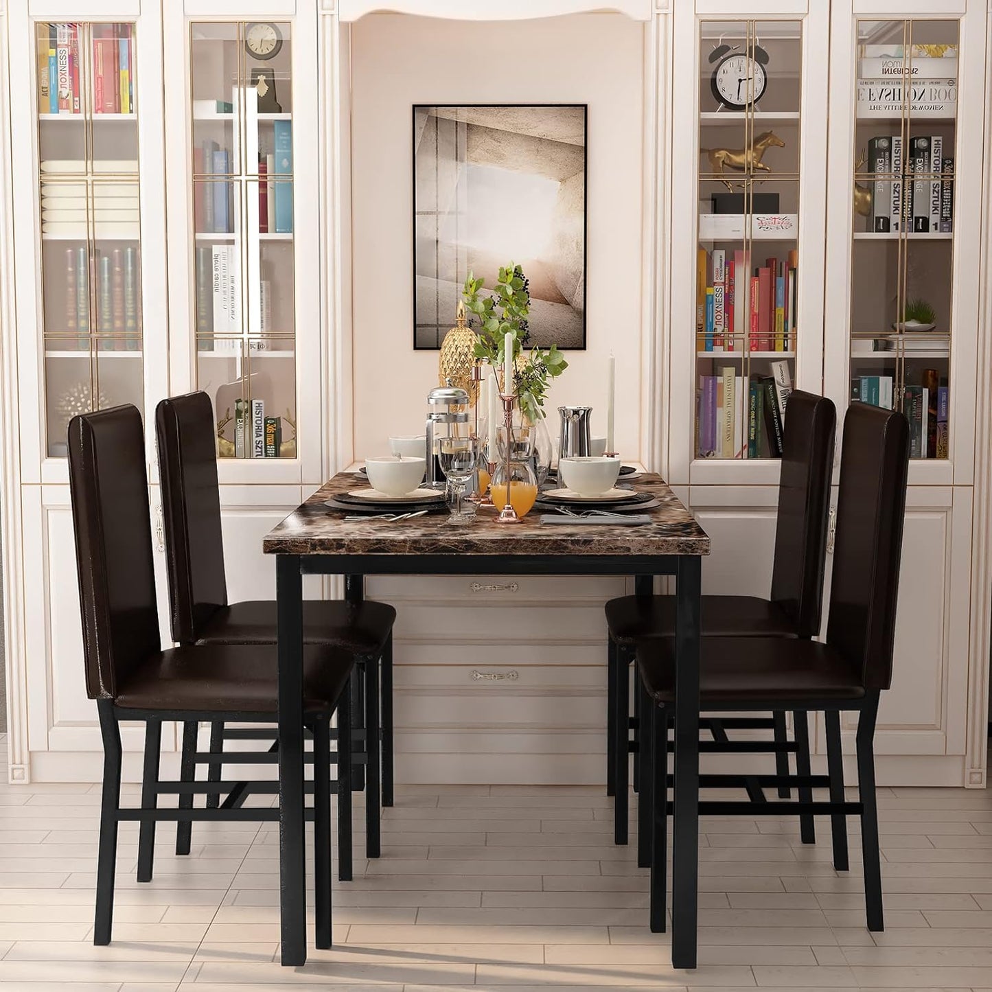 DKLGG Stylish 5-Piece Dining Set for 4 – Faux Marble Table and Rich Brown Chairs