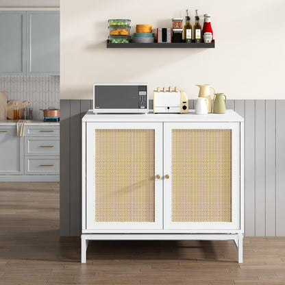 DKLGG White Wicker Cabinet Set of 2 – Stylish Sideboard with Doors and Adjustable Shelves