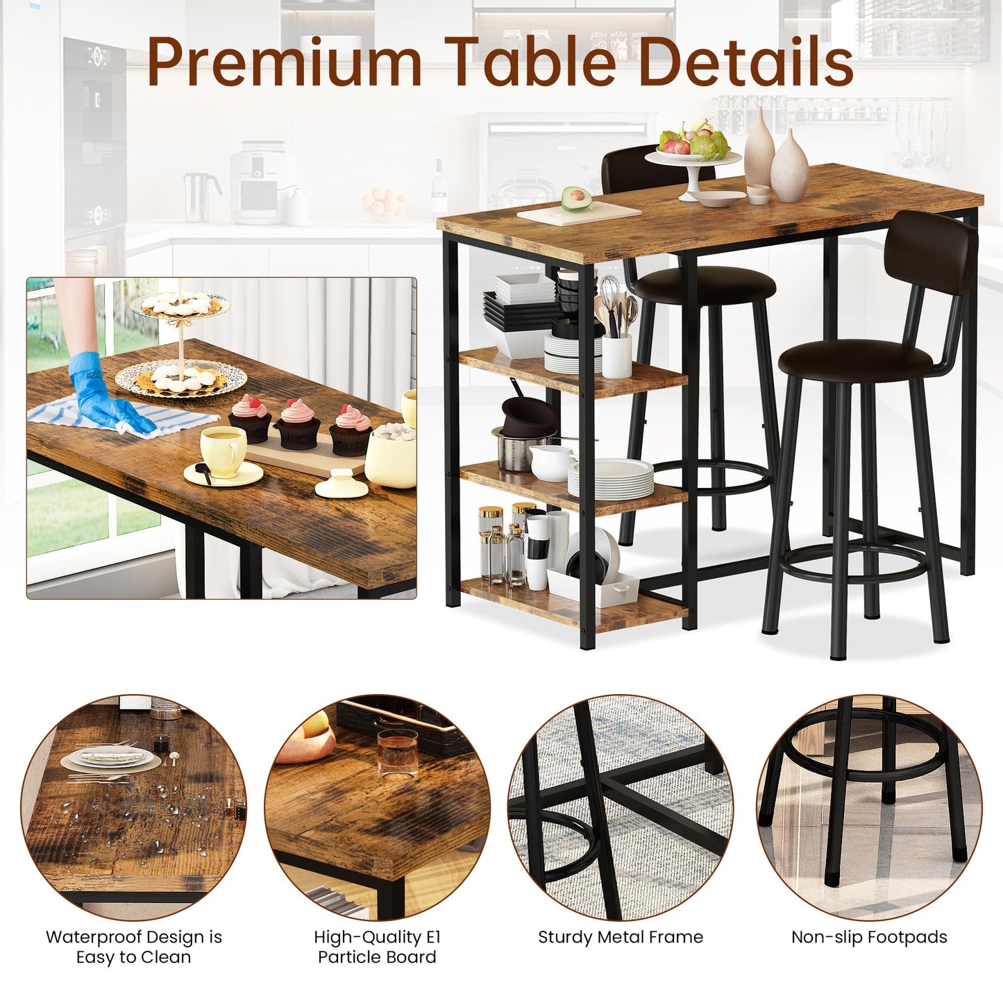 DKLGG Modern 3-Piece Industrial Bar Set for 2 - Stylish Table with Integrated Storage Solutions