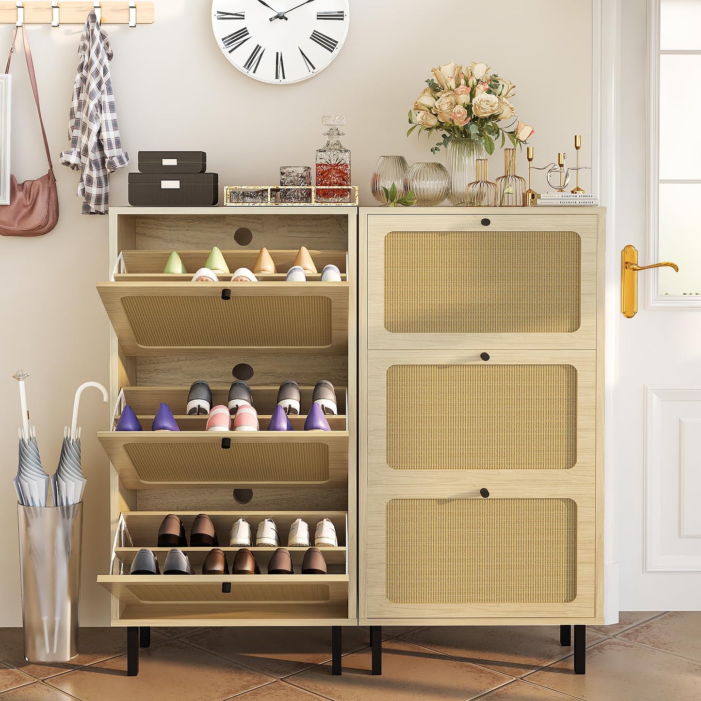 DKLGG Free Standing Shoe Organizer - Natural Finish with 3 Rattan Flip-Up Drawers