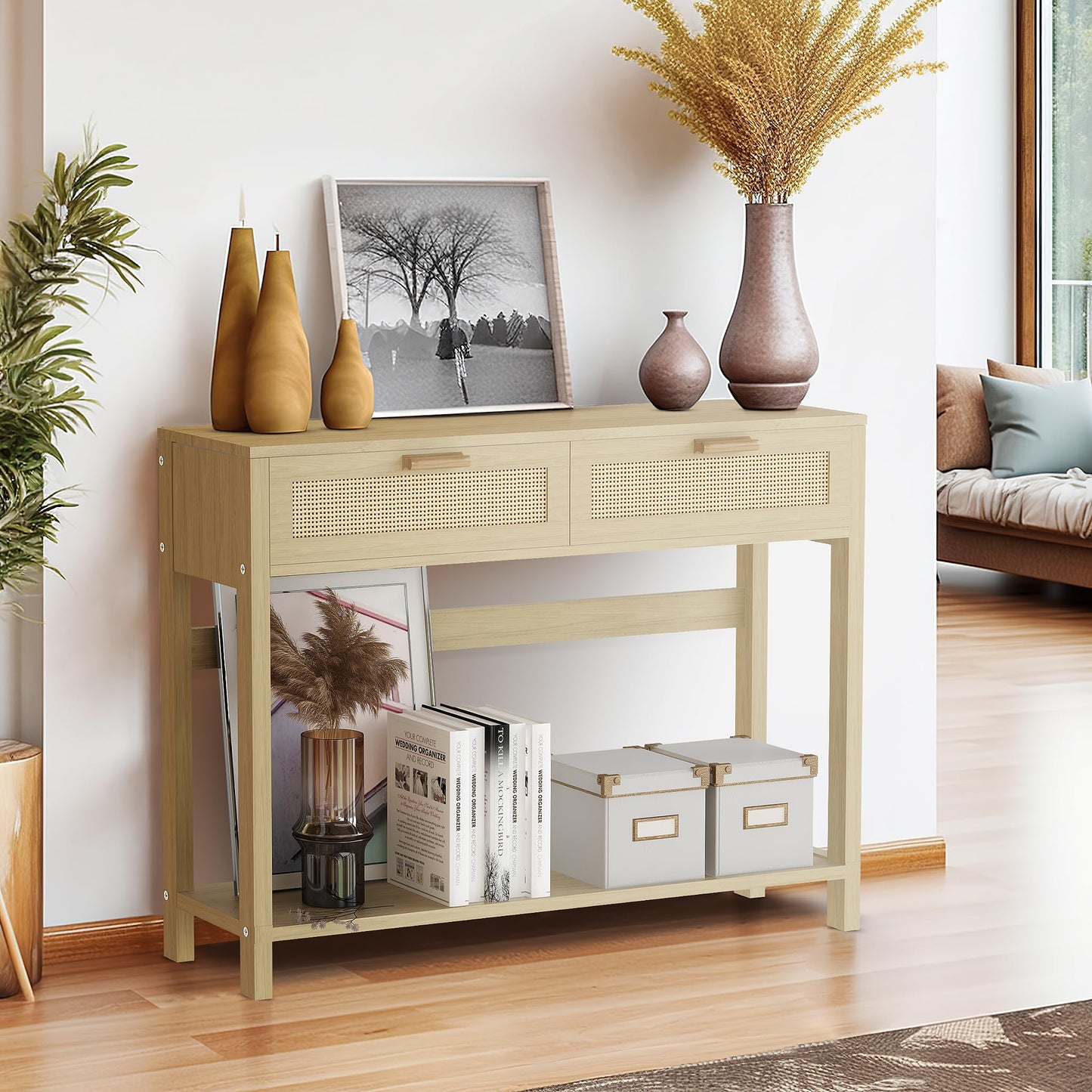 DKLGG Rustic Oak Dresser Table with Rattan Drawers - Perfect for Farmhouse Decor