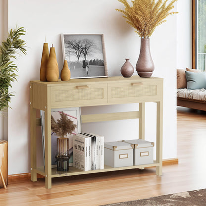 DKLGG Rustic Oak Dresser Table with Rattan Drawers - Perfect for Farmhouse Decor