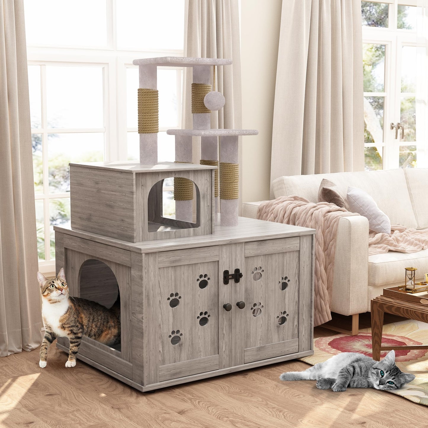 DKLGG Soft Perch Large Wooden Cat House with Litter Pan - Cozy Retreat for Your Feline Friend