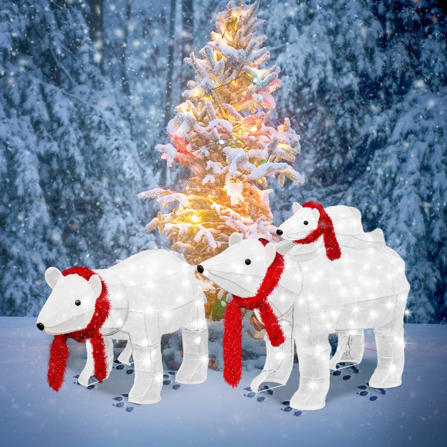 DKLGG 3-Piece Polar Bear Family Christmas Decoration with 210 LED Lights for Outdoor & Indoor Use