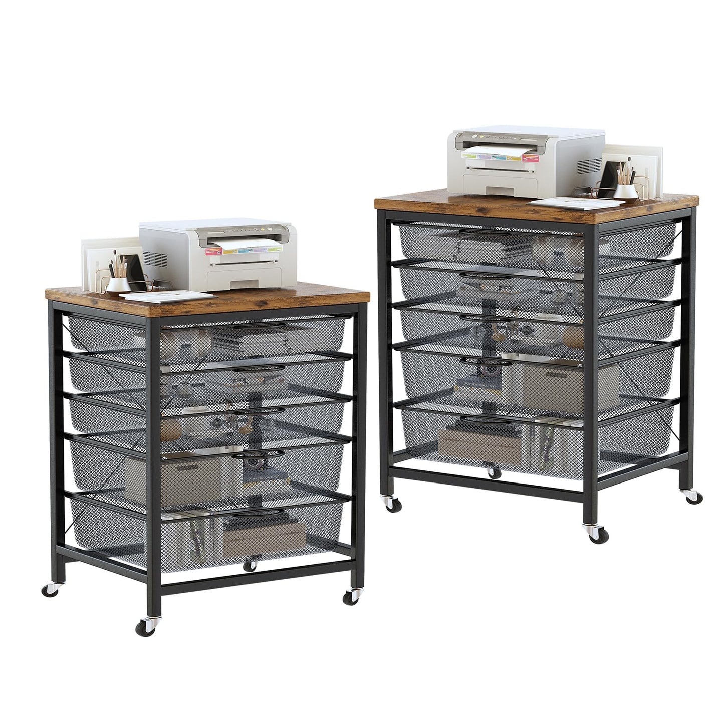 DKLGG Rolling Cart Filing Cabinet Set of 2 - 5-Drawer Rustic Brown Storage Solution