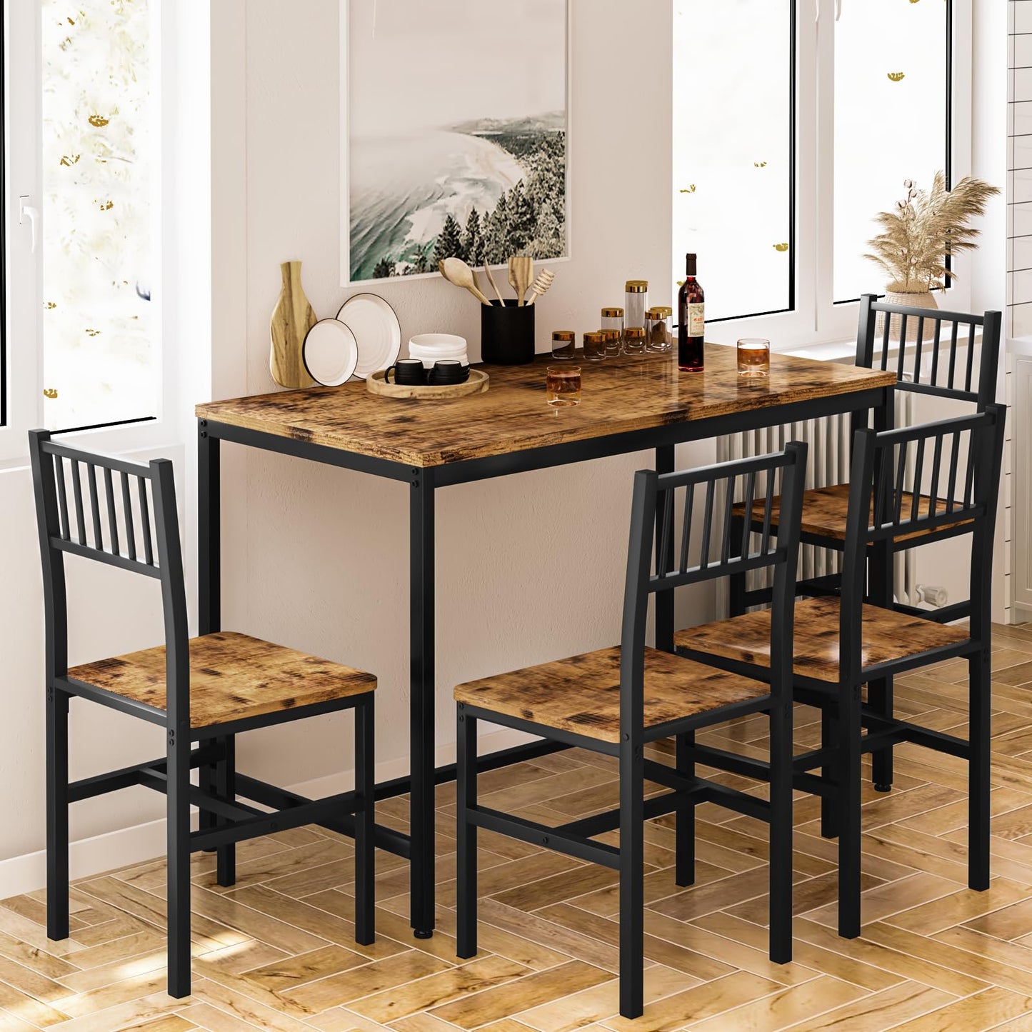 DKLGG 4-Piece Dining Table Set for 4 - Rustic Brown Table with Built-In Storage Shelves