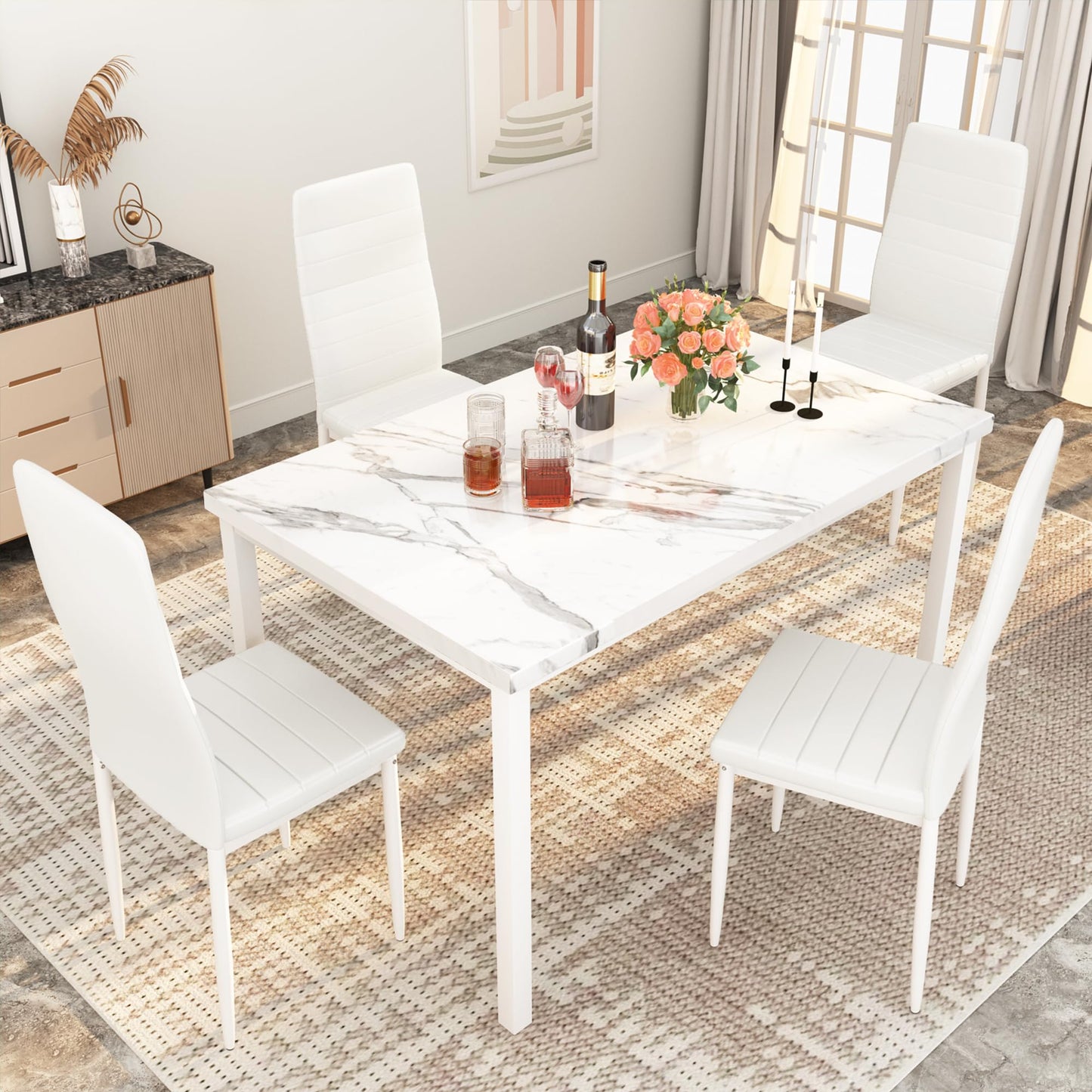 DKLGG Dining Table Set for 4 - Elegant Marble Table with Comfortable PU Leather Seating