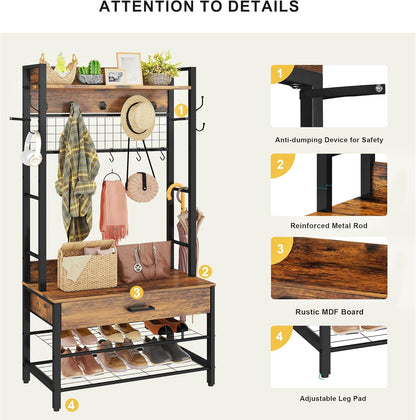 DKLGG Anti-Tipping Hall Tree - Entryway Organizer with Drawers for Coats and Accessories