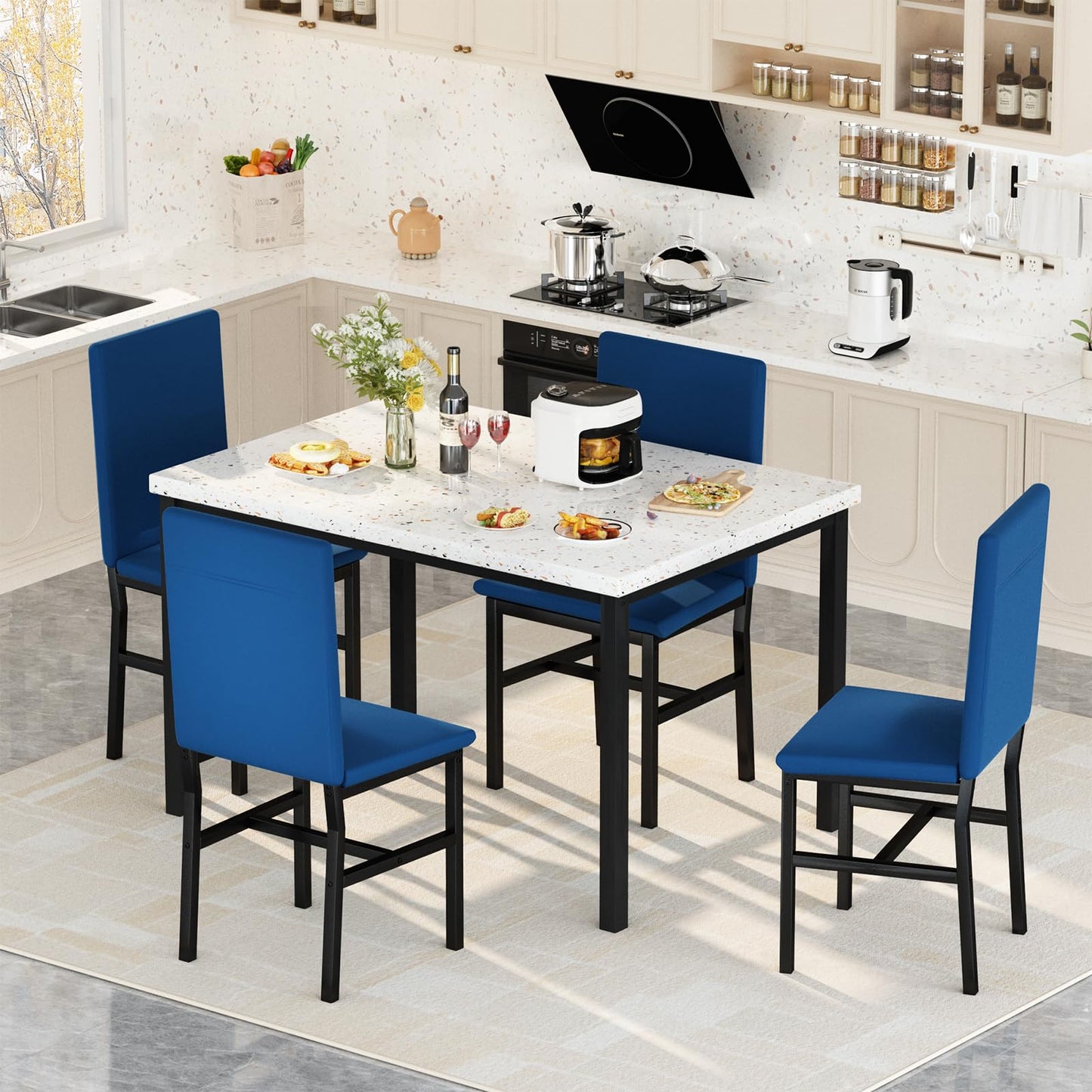 DKLGG 5-Piece Faux Marble Dining Table Set, Blue - Stylish and Elegant