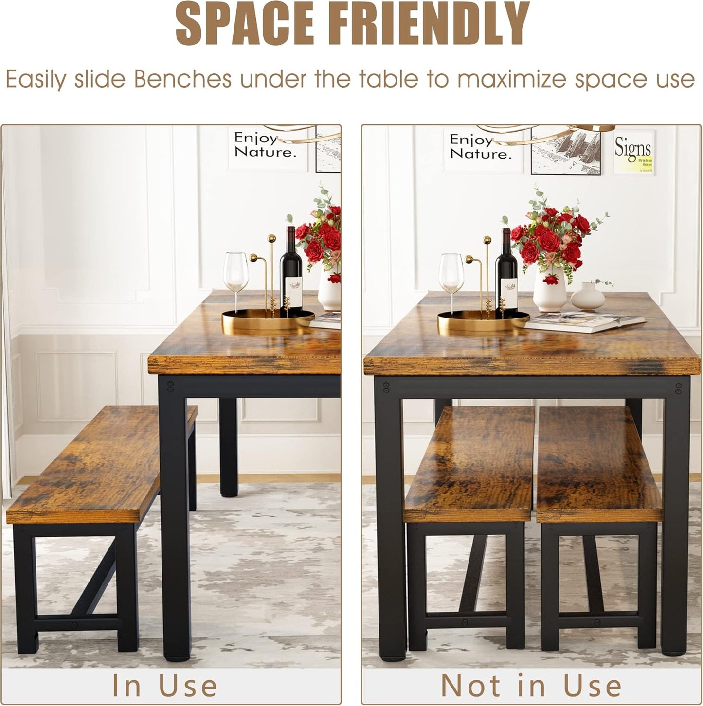 DKLGG Elegant Beige Dining Set - Spacious Kitchen Table with Two Benches for Cozy Family Dining