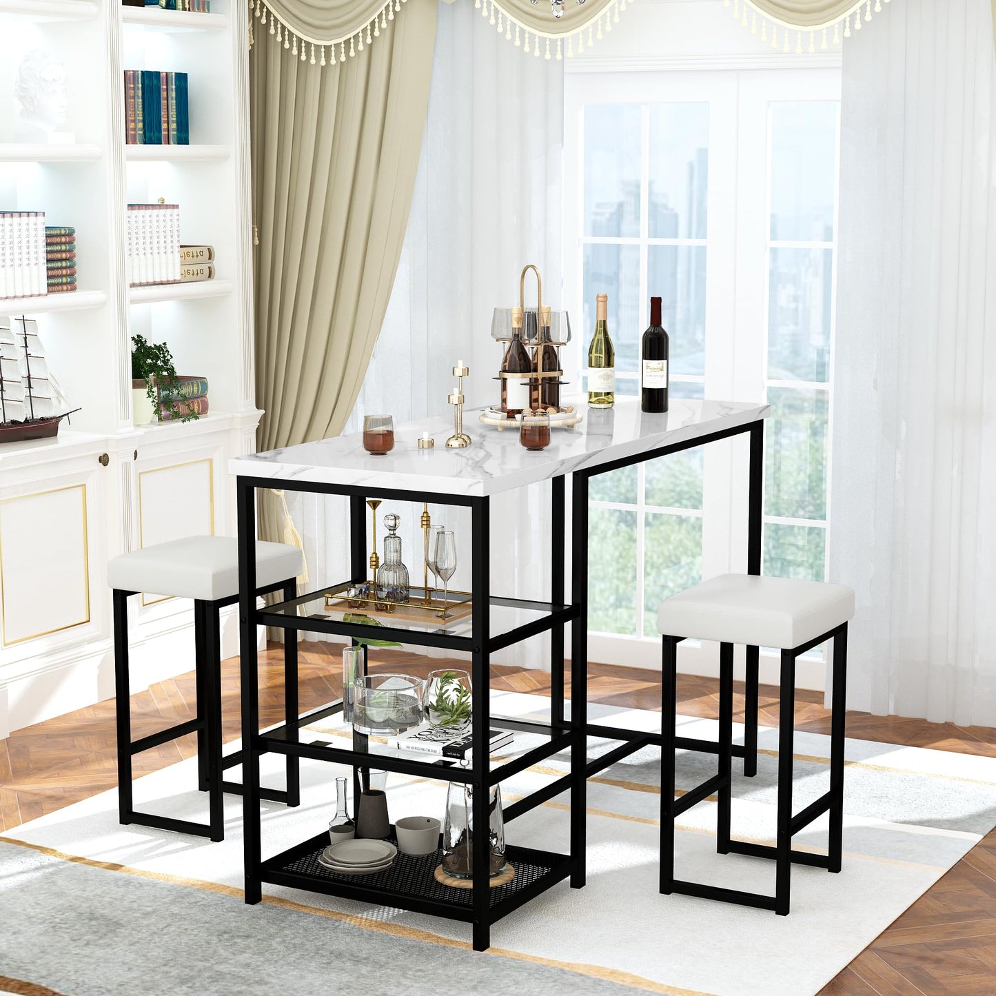 DKLGG Elegant Bar Table Set of 2 - Space-Saving Faux Marble Dining Table with Convenient Storage