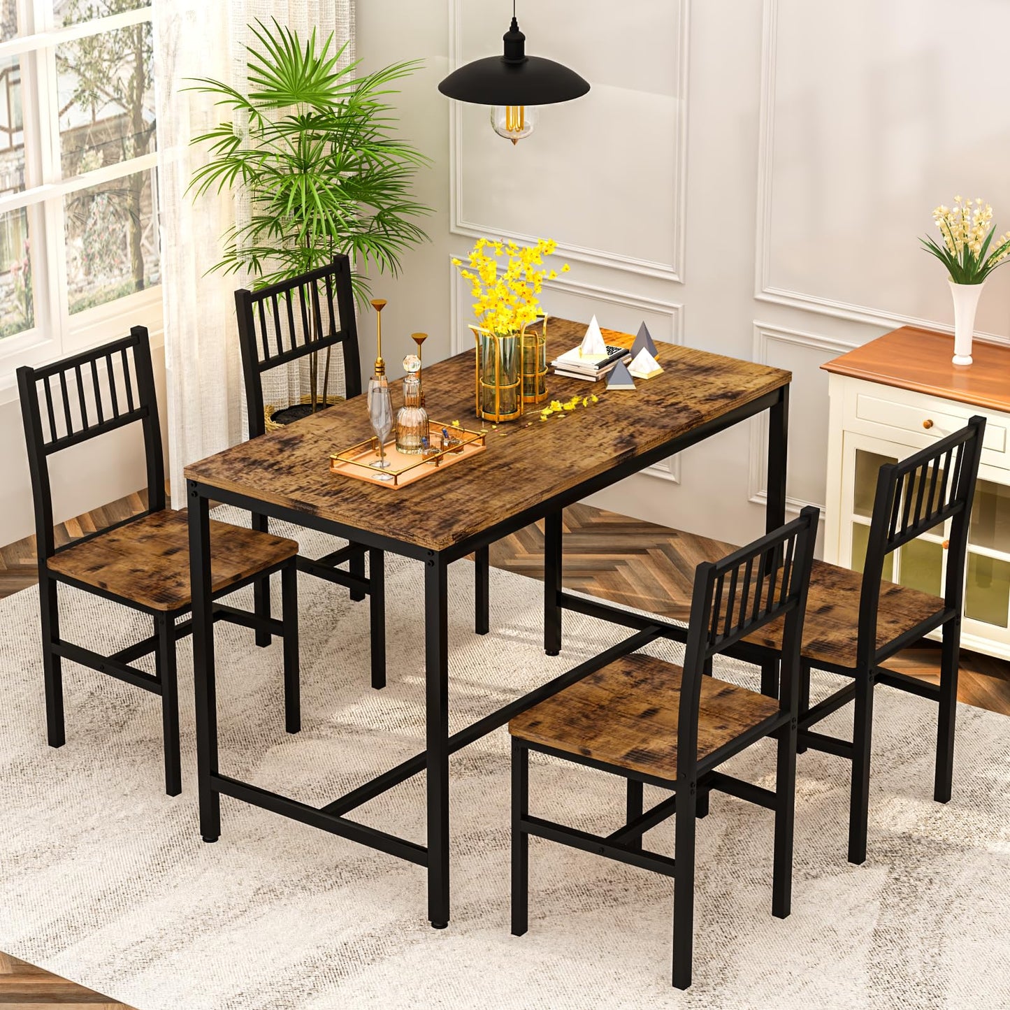 DKLGG 4-Piece Dining Table Set for 4 - Rustic Brown Table with Built-In Storage Shelves