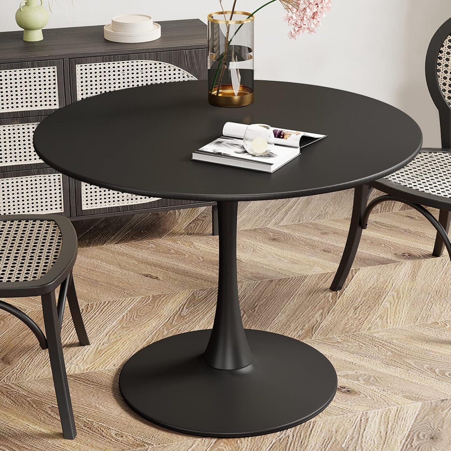 DKLGG 31.5'' Black Tulip Coffee Table - Modern Round MDF Top with Stylish Metal Base