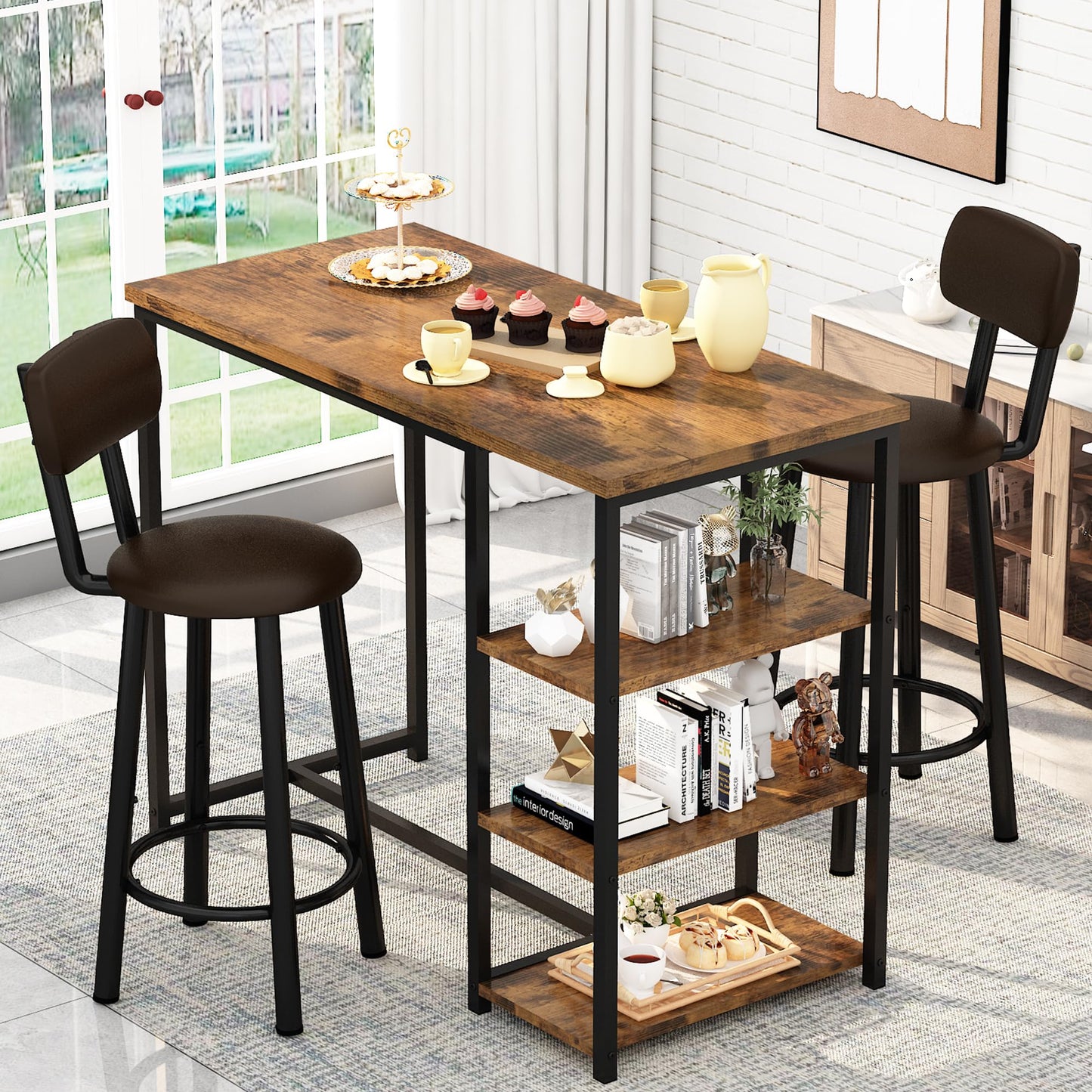 DKLGG Modern 3-Piece Industrial Bar Set for 2 - Stylish Table with Integrated Storage Solutions