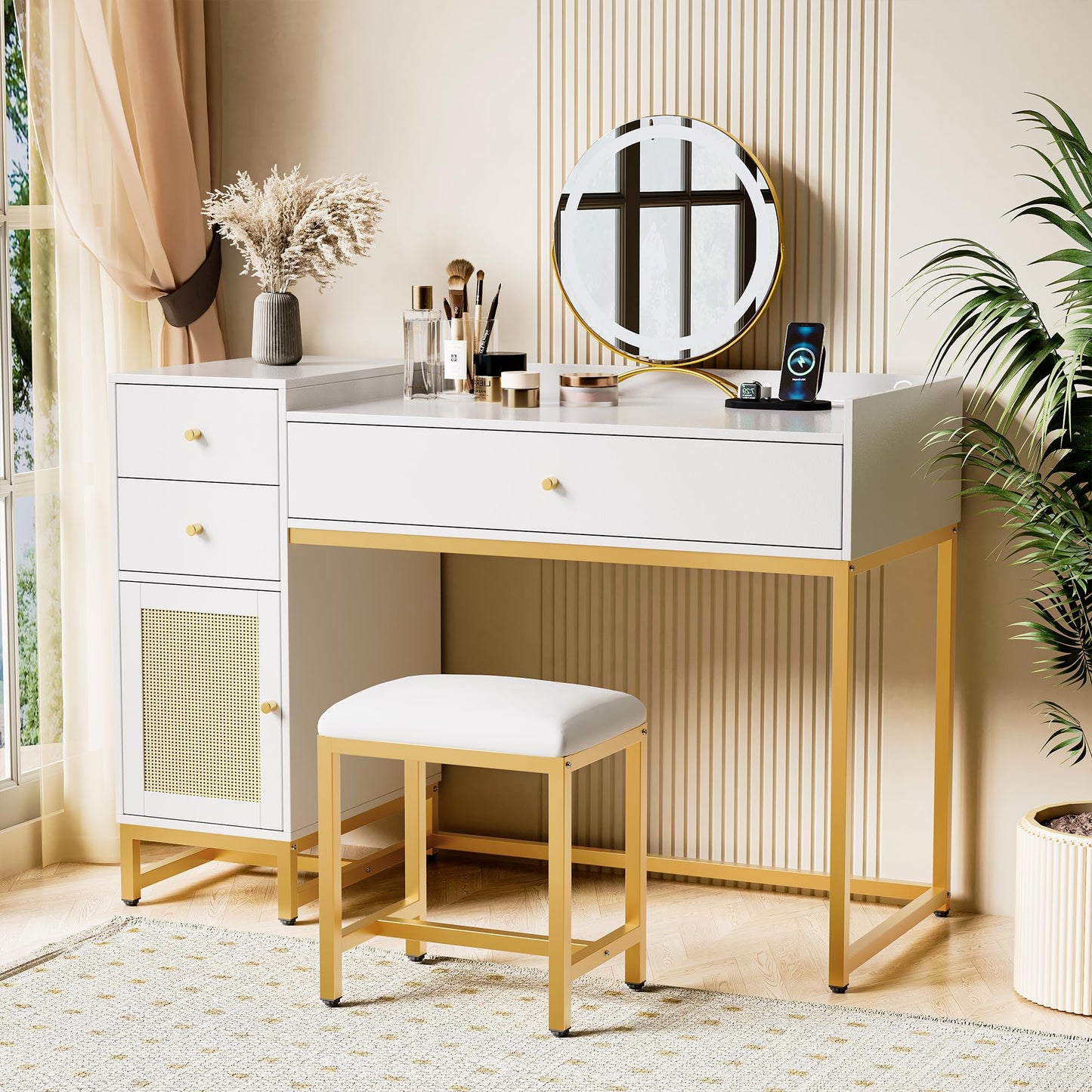 DKLGG Elegant White & Gold Dresser with Stool - Rattan Vanity for a Glamorous Look