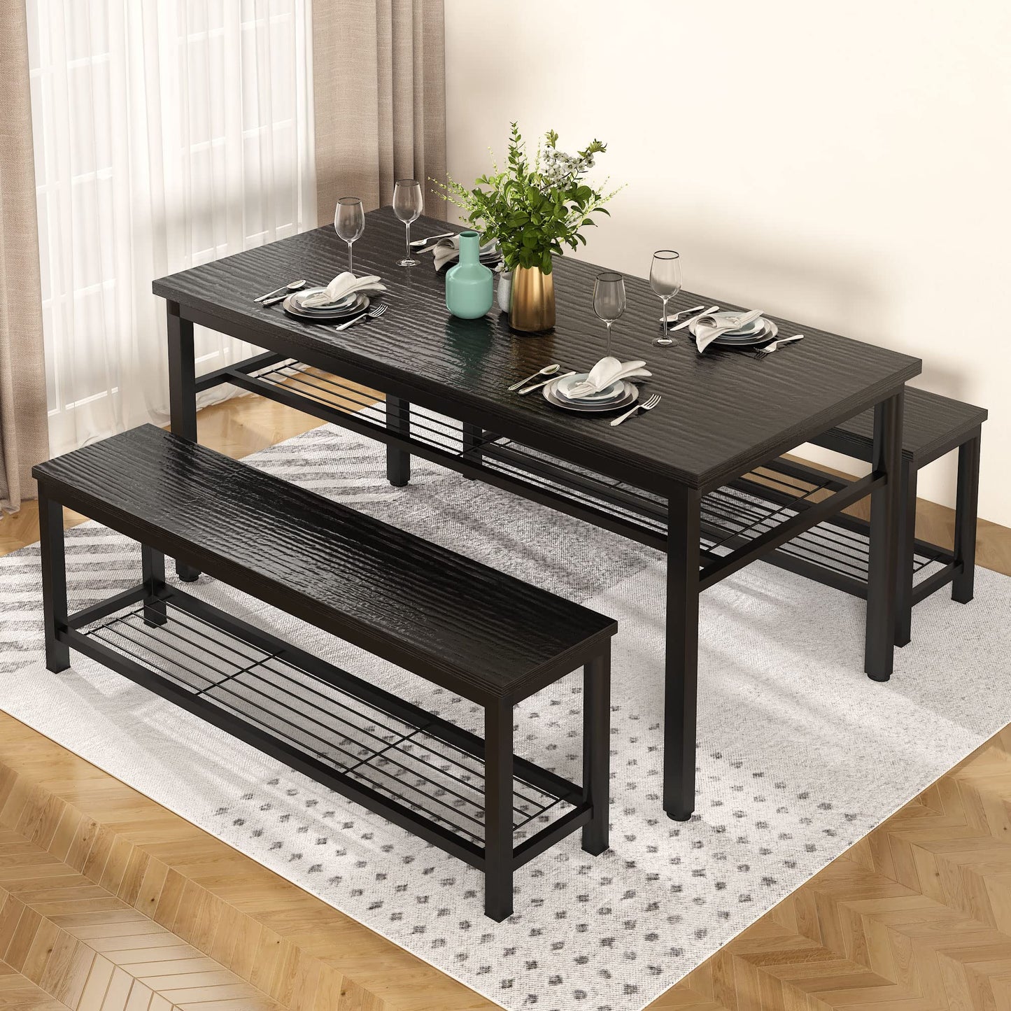 DKLGG Rustic 3-Piece Dining Table Set for 4 - Stylish Storage Solution for Family Meals