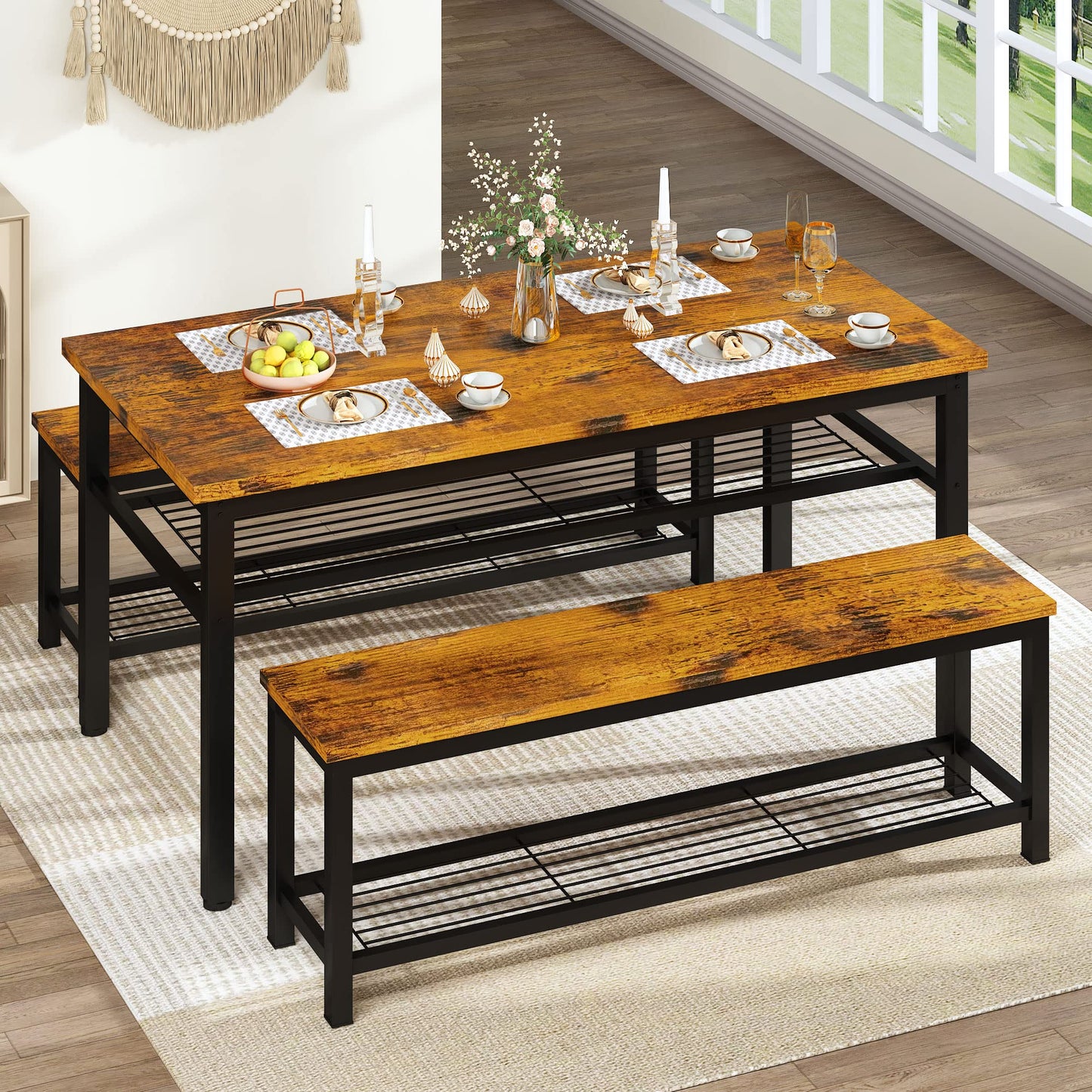 DKLGG Rustic 3-Piece Dining Table Set for 4 - Stylish Storage Solution for Family Meals