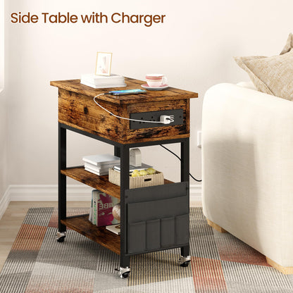 DKLGG Side Table with Charging Post, Narrow Side Table Nightstand for Living Room/Bedroom, Rustic Style