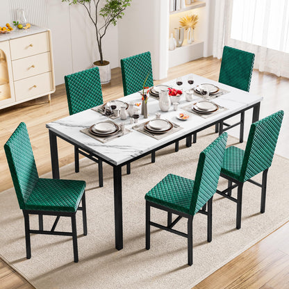 DKLGG 7-Piece Faux Marble Dining Table Set with Velvet Chairs - Perfect for Family Gatherings