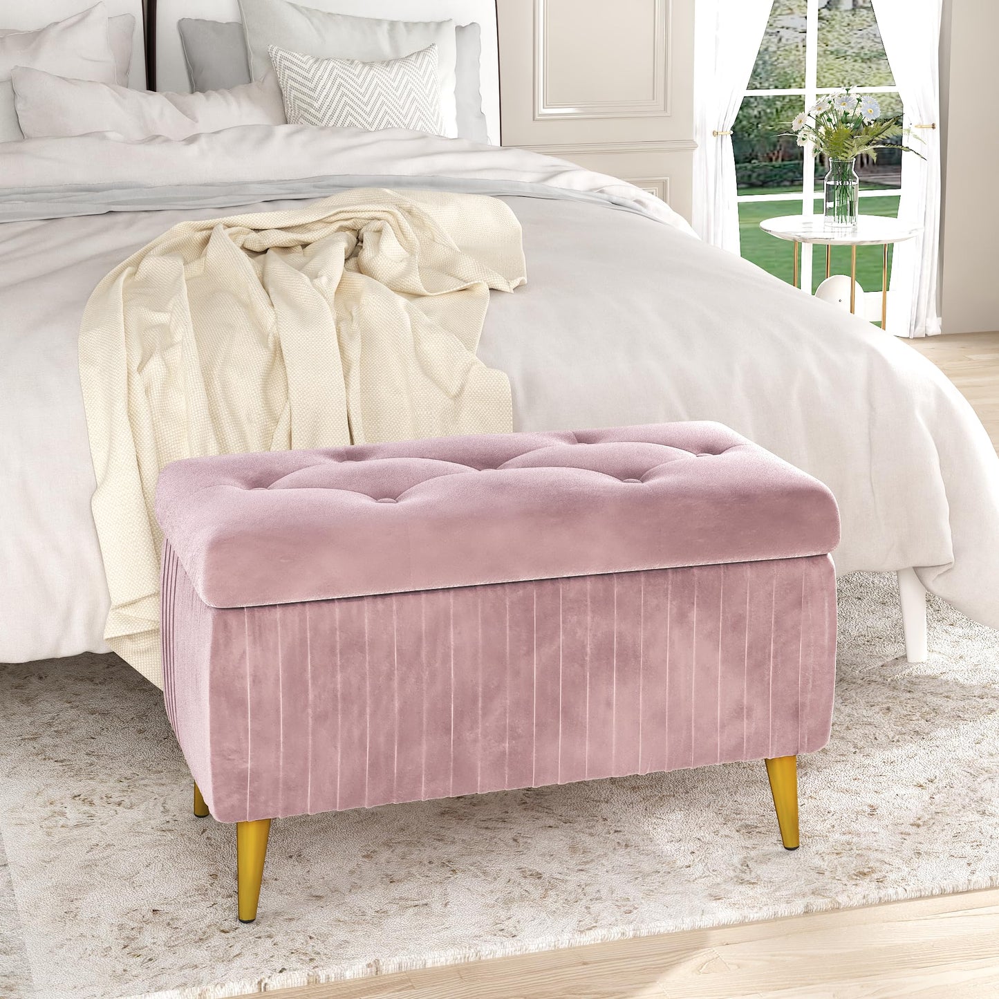 DKLGG Stylish Large Storage Ottoman - 47.24” Velvet Design in Gold and Pink for Your Home