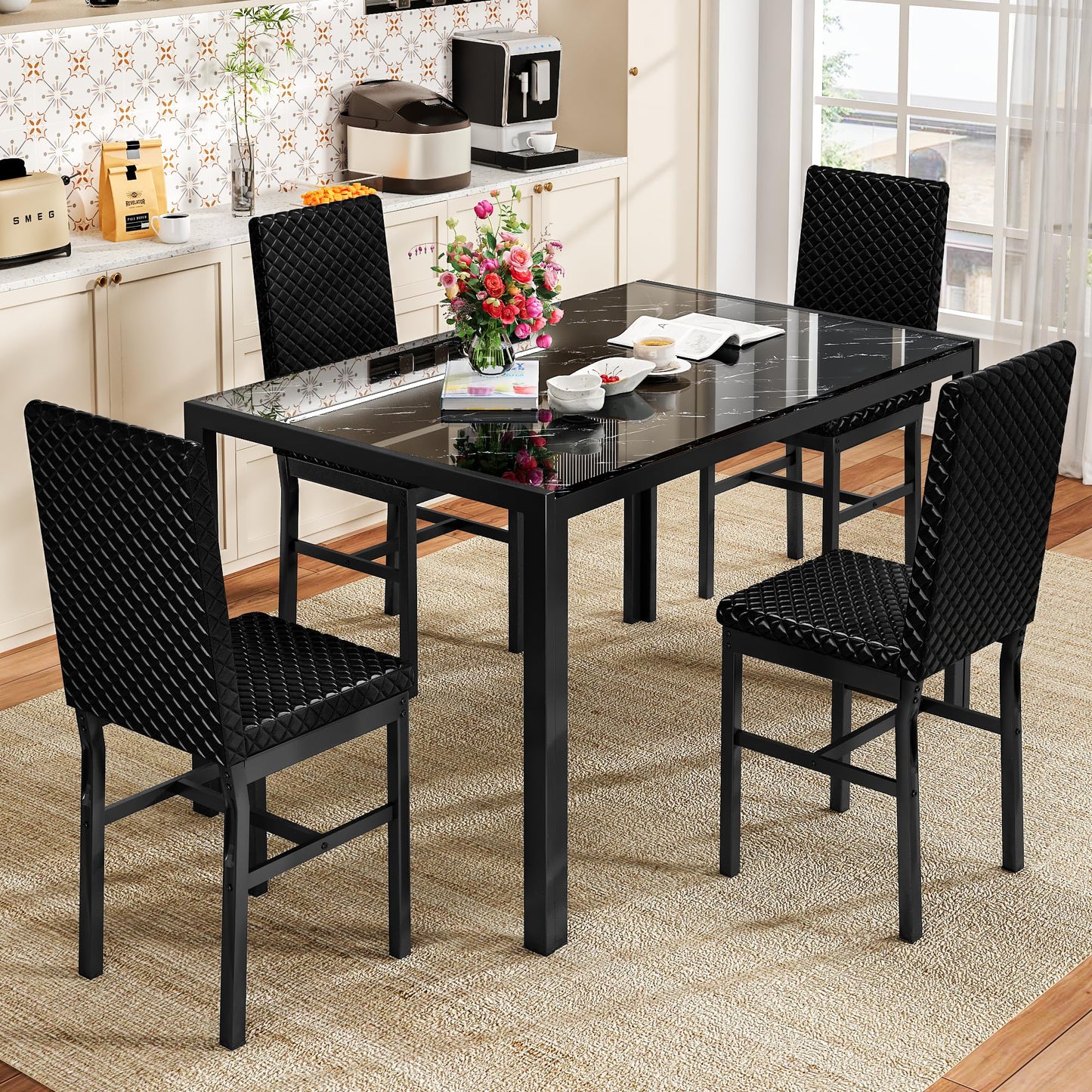 DKLGG 5-Piece Glass Kitchen Table Set, 4 PU Leather Chairs, Black - Modern and Stylish