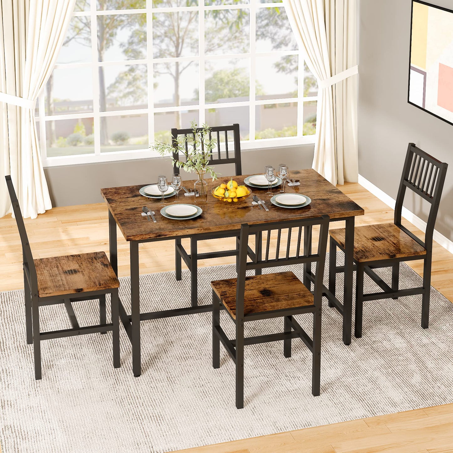 DKLGG 4-Piece Dining Table Set for 4 - Rustic Brown Table with Built-In Storage Shelves