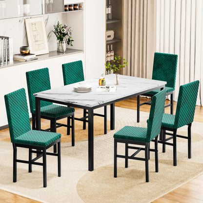 DKLGG 7-Piece Faux Marble Dining Table Set with Velvet Chairs - Perfect for Family Gatherings