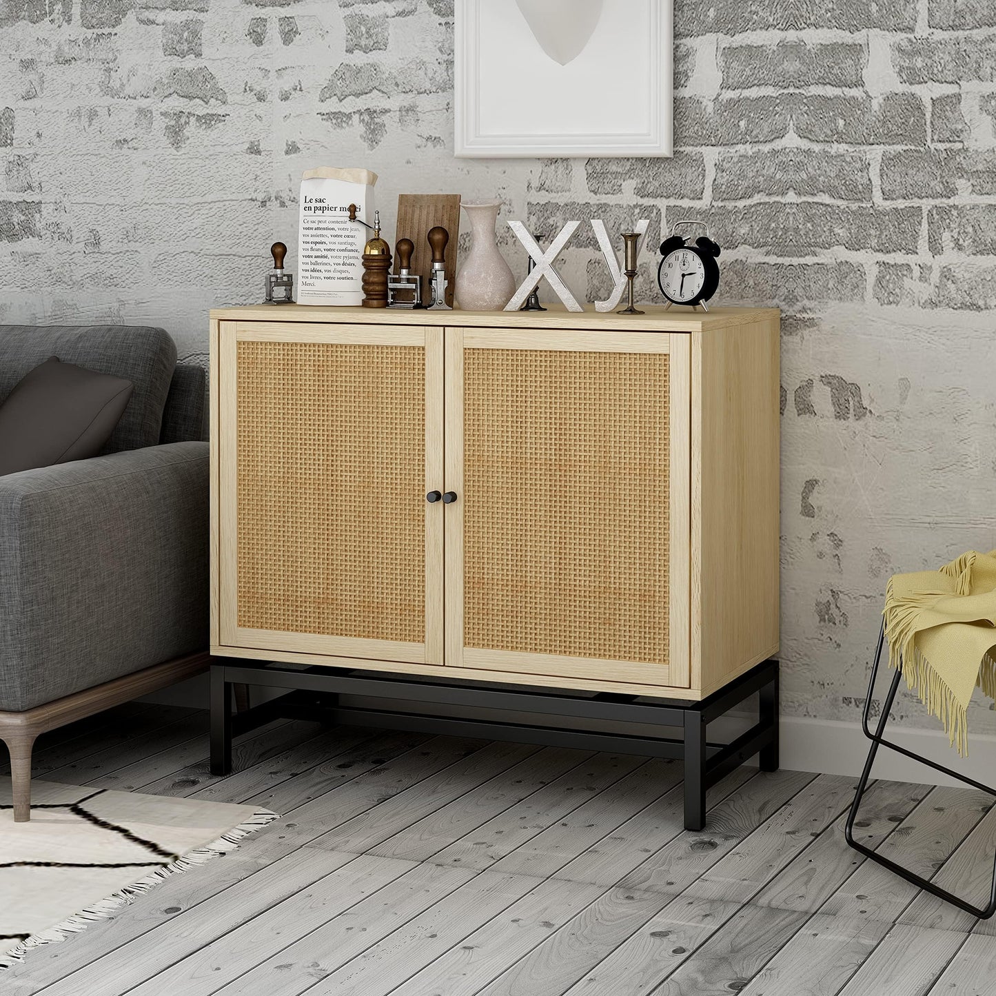 DKLGG Elegant Sideboard with Double Doors - Natural Rattan for a Cozy Kitchen Look