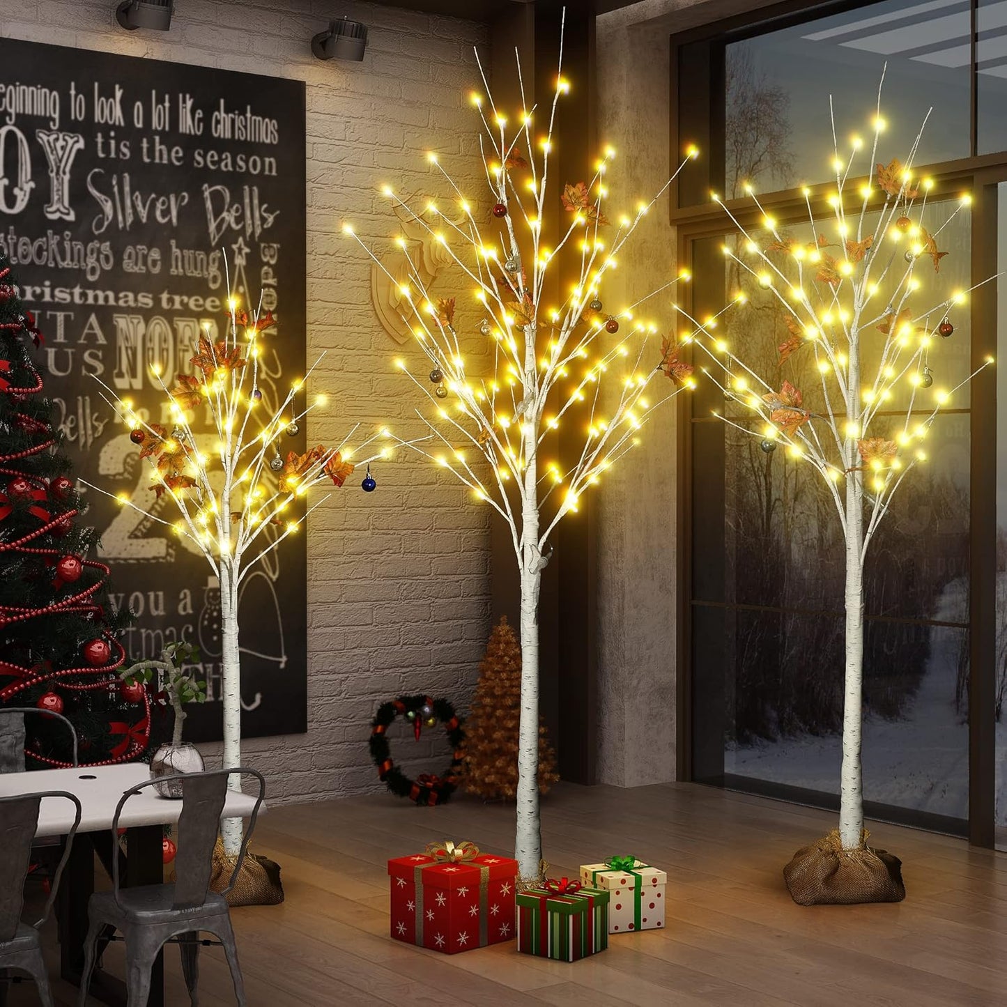 DKLGG Festival Tree Set - 3 White Betula Trees with Lights for a Magical Holiday Atmosphere