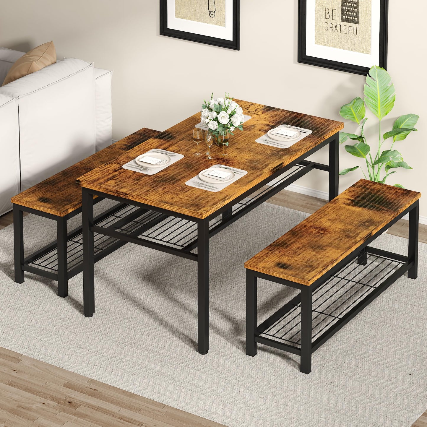 DKLGG Rustic 3-Piece Dining Table Set for 4 - Stylish Storage Solution for Family Meals