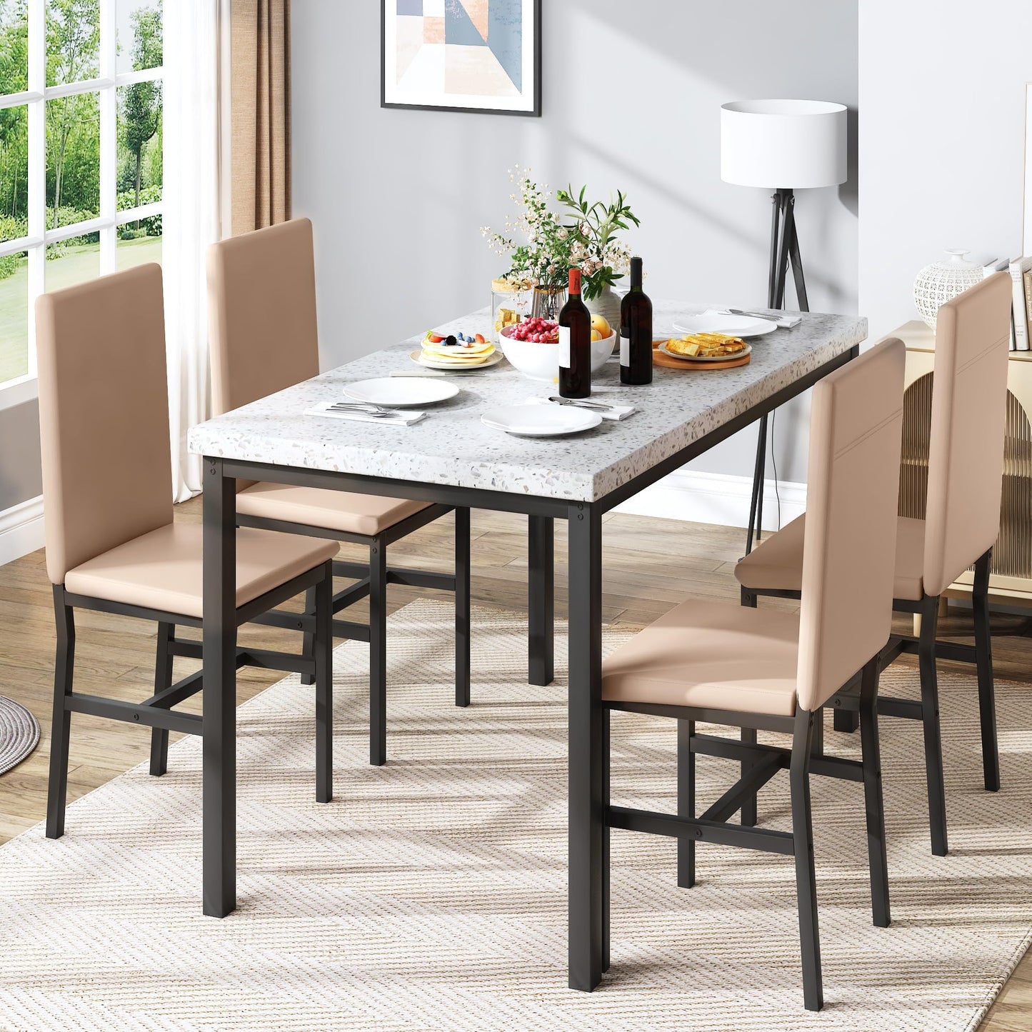 DKLGG Faux Marble Dining Set for 4 - 5-Piece Table and Leather Chairs in Elegant Khaki