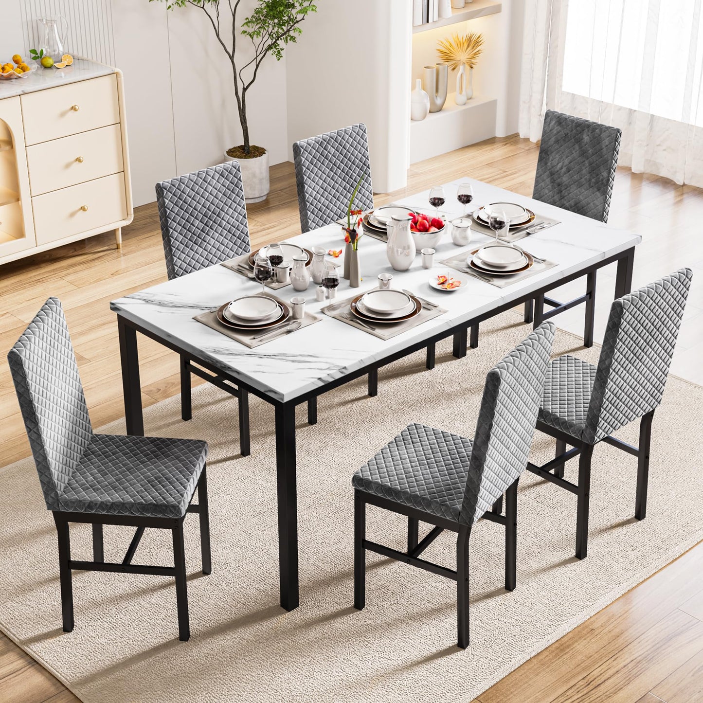 DKLGG 7-Piece Faux Marble Dining Table Set with Velvet Chairs - Perfect for Family Gatherings