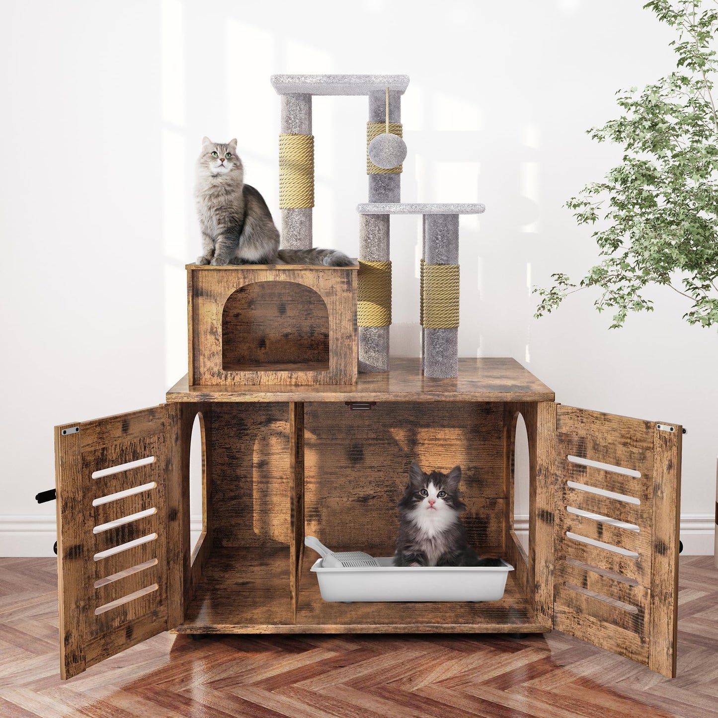 DKLGG Soft Perch Large Wooden Cat House with Litter Pan - Cozy Retreat for Your Feline Friend