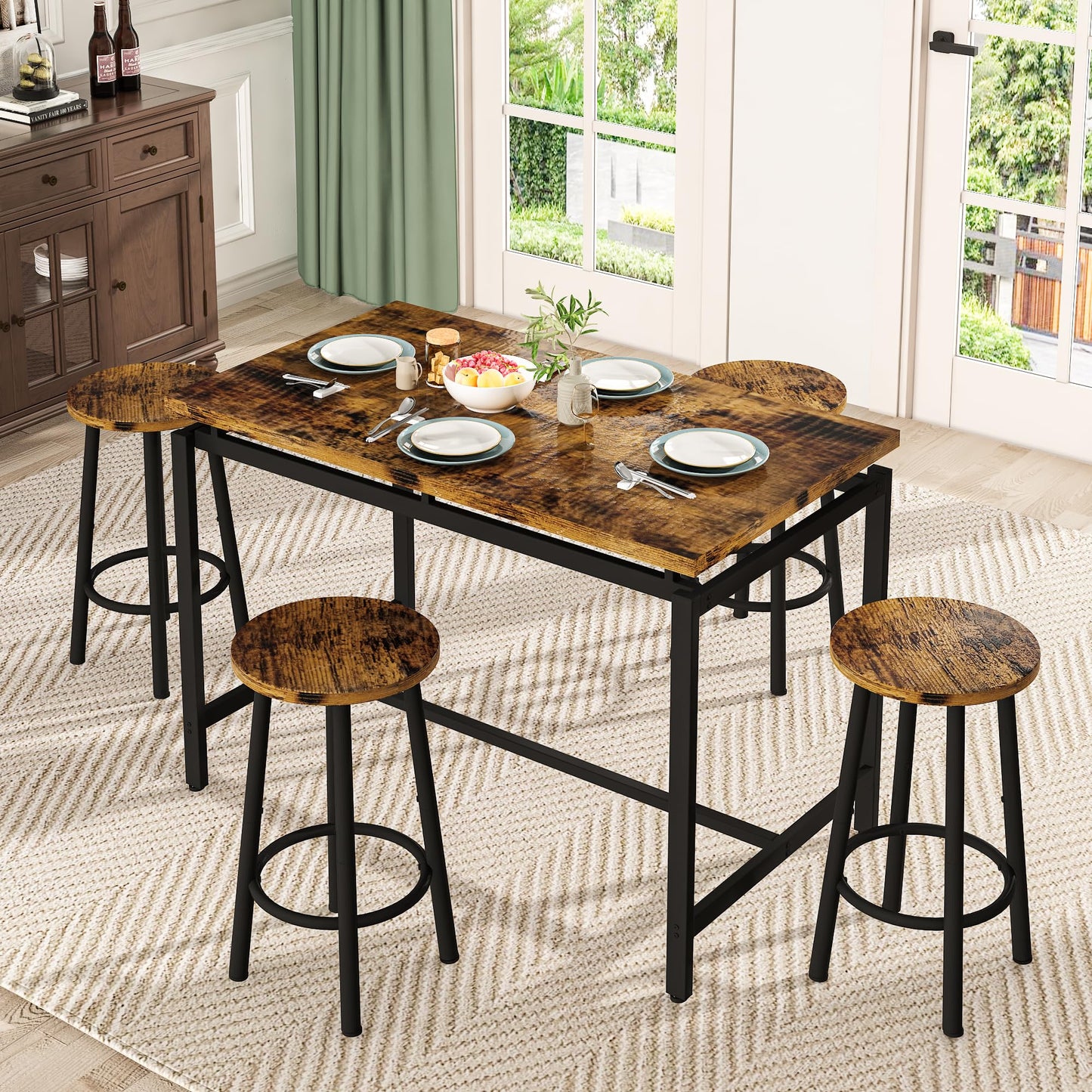 DKLGG 4-Person Wooden Barstool Dining Table and Chair Set of 5, Rustic Brown - Classic Elegance